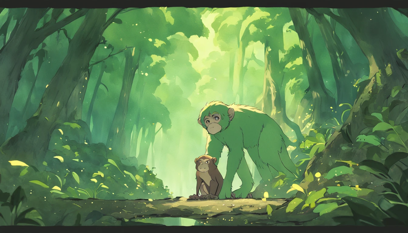 uma coruja e um macaco, floresta verde encantada