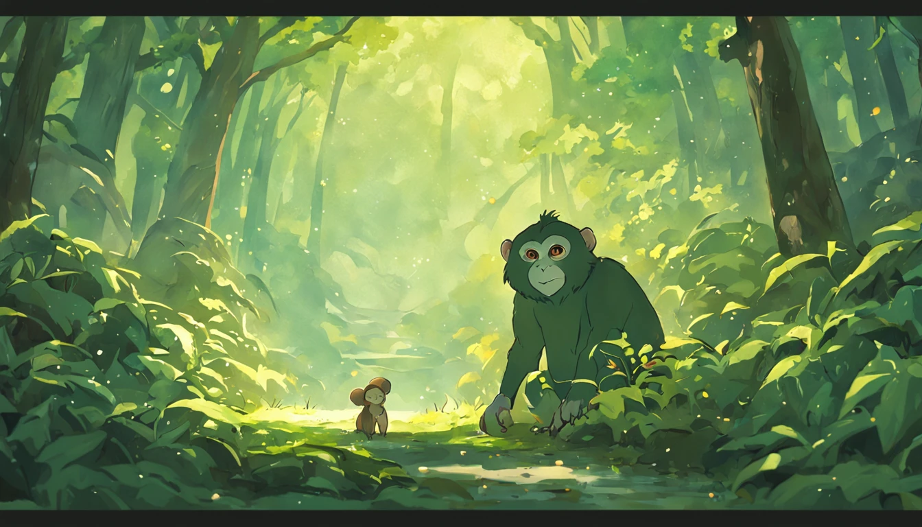 uma coruja e um macaco, floresta verde encantada