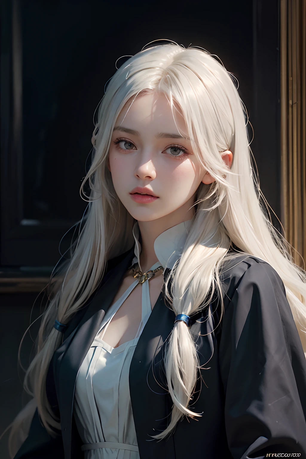 Hyperrealist portrait of female by david hockney and alphonse mucha,fantasy art, photo realistic, dynamic lighting, artstation, poster, volumetric lighting, very detailed faces, 4 k, award winning,, 1girl, in the dark, deep shadow, low key,cowboy shot,(official clothing:1.4) ,long hair,white hair,