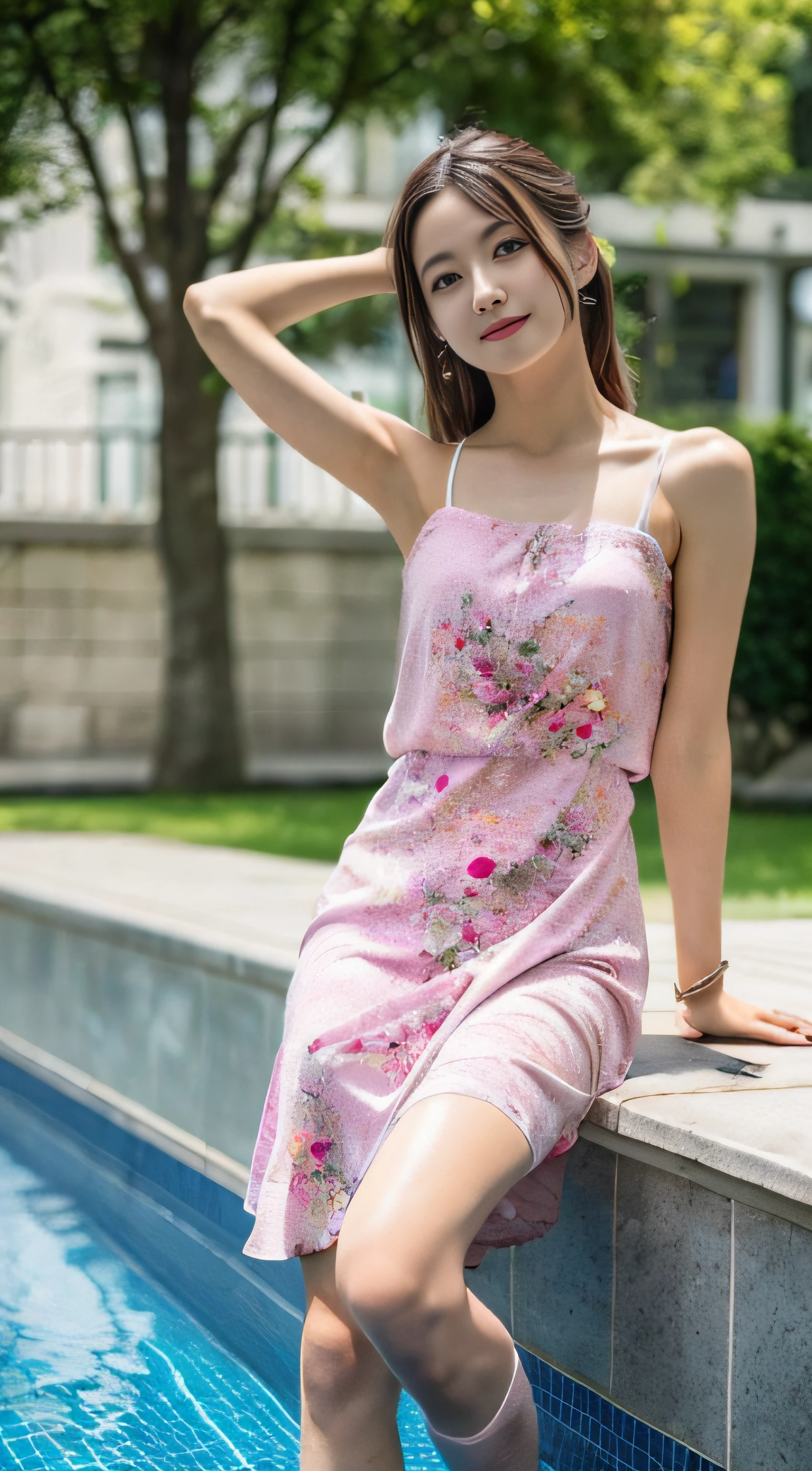 8K、Raw photography、top-quality、​masterpiece:1.2)、32K、ultra res、fully body photo、(Composition from the knee up:2.0)、body facing forward:2.0、Full body portrait、rialistic photo、((Pink Floral Camisole Long Dress:1.6))、(realisitic、Photorealsitic:1.37)、超A high resolution、depth of fields、Soft lighting、Caustics、Canon EOS、​masterpiece、ultra-detailliert、pylons、(8K、Raw photography、top-quality、​masterpiece:1.2)、32K、ultra res、rialistic photo、(realisitic、Photorealsitic:1.37)、超A high resolution、depth of fields、Caustics、Canon EOS、​masterpiece、ultra-detailliert、fully body photo、1girl in、独奏、in poolside、Slender Abs、flat breast、small tits、Bust 70 cm、Hip 82 cm、Slender body、big breasts thin waist、The crotch is clear、tiny chest、small  hip、Model grade ratio、Vibrant poses、Super cute full body photo、1girl in、、is standing、in poolside、Slender Abs、Waist 52 cm、flat breast、small tits、Bust 70 cm、Hip 82 cm、Slender body、big breasts thin waist、tiny chest、small  hip、Model grade ratio、Vibrant poses、Super Cute