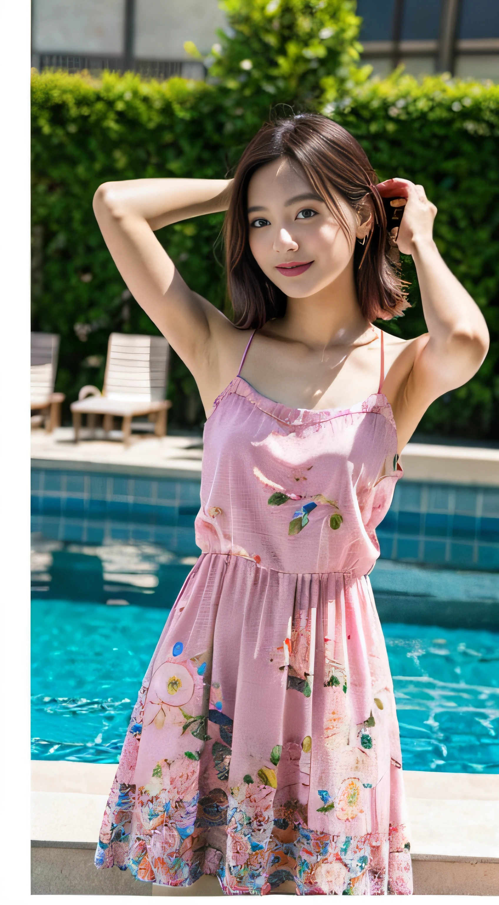 (8K、Raw photography、top-quality、masterpiece:1.2)、32K、ultra res、fully body photo、(Composition from the knee up:2.0)、medium distance shot:1.7、200mm telephoto lens:1.8、body facing forward:2.0、Full body portrait、rialistic photo、((Pink floral camisole long dress with bra:1.6))、(realisitic、Photorealsitic:1.37)、超A high resolution、depth of fields、Soft lighting、Caustics、Canon EOS、masterpiece、ultra-detailliert、pylons、(8K、Raw photography、top-quality、masterpiece:1.2)、32K、ultra res、rialistic photo、(realisitic、Photorealsitic:1.37)、超A high resolution、depth of fields、Caustics、Canon EOS、masterpiece、ultra-detailliert、fully body photo、1girl in、solo、in poolside、Slender Abs、flat breast、small tits、Bust 70 cm、Hip 82 cm、Slender body、big breasts thin waist、The crotch is clear、tiny chest、small hip、Model grade ratio、Vibrant poses、Super cute full body photo、1girl in、Long hair swaying in the wind:1.4、is standing、in poolside、Slender Abs、Waist 52 cm、flat breast、、Bust 70 cm、Hip 82 cm、Slender body、big breasts thin waist、tiny chest、small hip、Model grade ratio、Vibrant poses、Super Cute