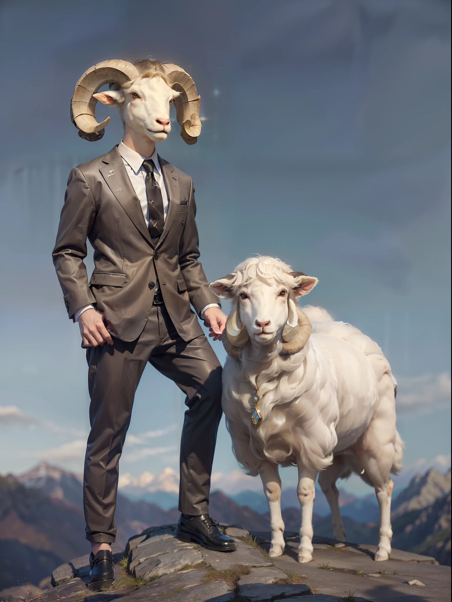 (((fullbody image、Standing posture)))、(Full body ram standing upright in luxury business suit、Humanoid sheep、Cool anthropomorphic ram with long legs)、masterpiece, top-quality, in 8K , intricate detailes, ultra-detailliert , light Particle、32K Digital Paint, Hyper-Realism, No background