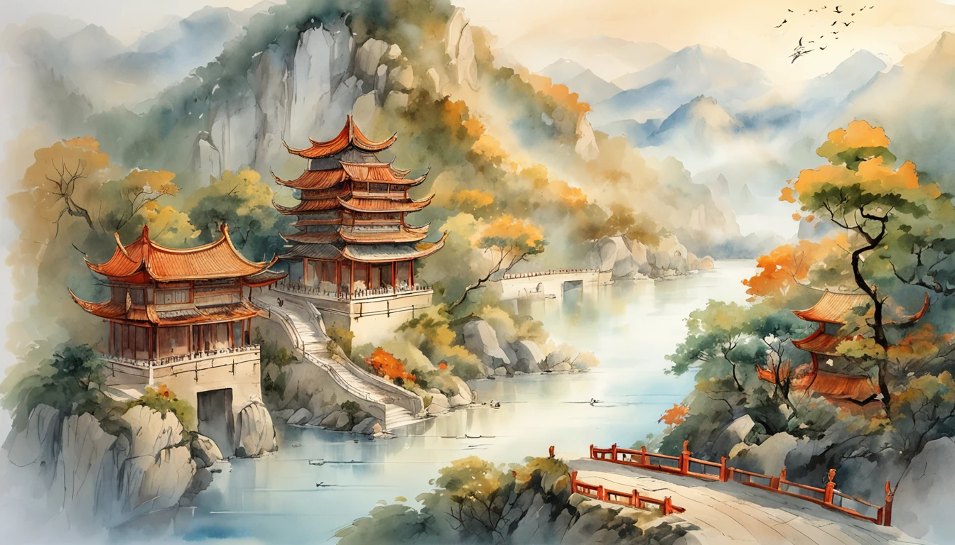 An ancient Chinese painting, ancient Chinese background, mountains, rivers, auspicious clouds, pavilions, sunshine, masterpieces, super detail, epic composition, ultra HD, high quality, extremely detailed, official art, unified 8k wallpaper, Super detail, 32k -- v 6