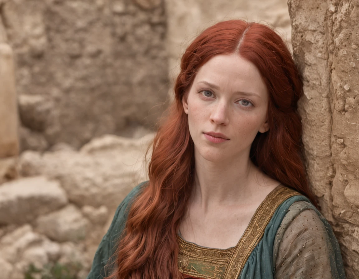 (melhor qualidade: 1.4), (Ultra Highres: 1.2), (fotorrealista: 1.4), (8k, Foto RAW: 1.2).The description of the Samaritan red head woman's physical appearance is not detailed in the biblical narrative, but her Samaritan origin suggests that she would likely have similar traits to other people in the area. In the historical-cultural context, the story of the Samaritan woman takes place during a period of ethnic and religious tensions between Samaritans and Jews. Her encounter with Jesus at Jacob's well highlights the message of spiritual equality and the importance of faith over cultural differences.