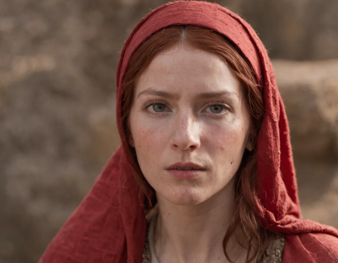 (melhor qualidade: 1.4), (Ultra Highres: 1.2), (fotorrealista: 1.4), (8k, Foto RAW: 1.2).The description of the Samaritan red head woman's physical appearance is not detailed in the biblical narrative, but her Samaritan origin suggests that she would likely have similar traits to other people in the area. In the historical-cultural context, the story of the Samaritan woman takes place during a period of ethnic and religious tensions between Samaritans and Jews. Her encounter with Jesus at Jacob's well highlights the message of spiritual equality and the importance of faith over cultural differences.