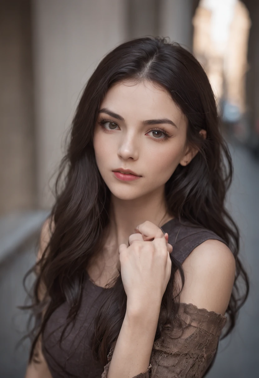 imagine a girl of 30 years. She had a rough childhood and is engaged in serious criminal activity. She has a natural beauty. Dark hair. average height. Her face is slim, beautiful but marred by hard times. Her eyes are perhaps the most striking feature. They gleam with sharp intelligence and cunning. Her clothes are modern street wear and stylish.