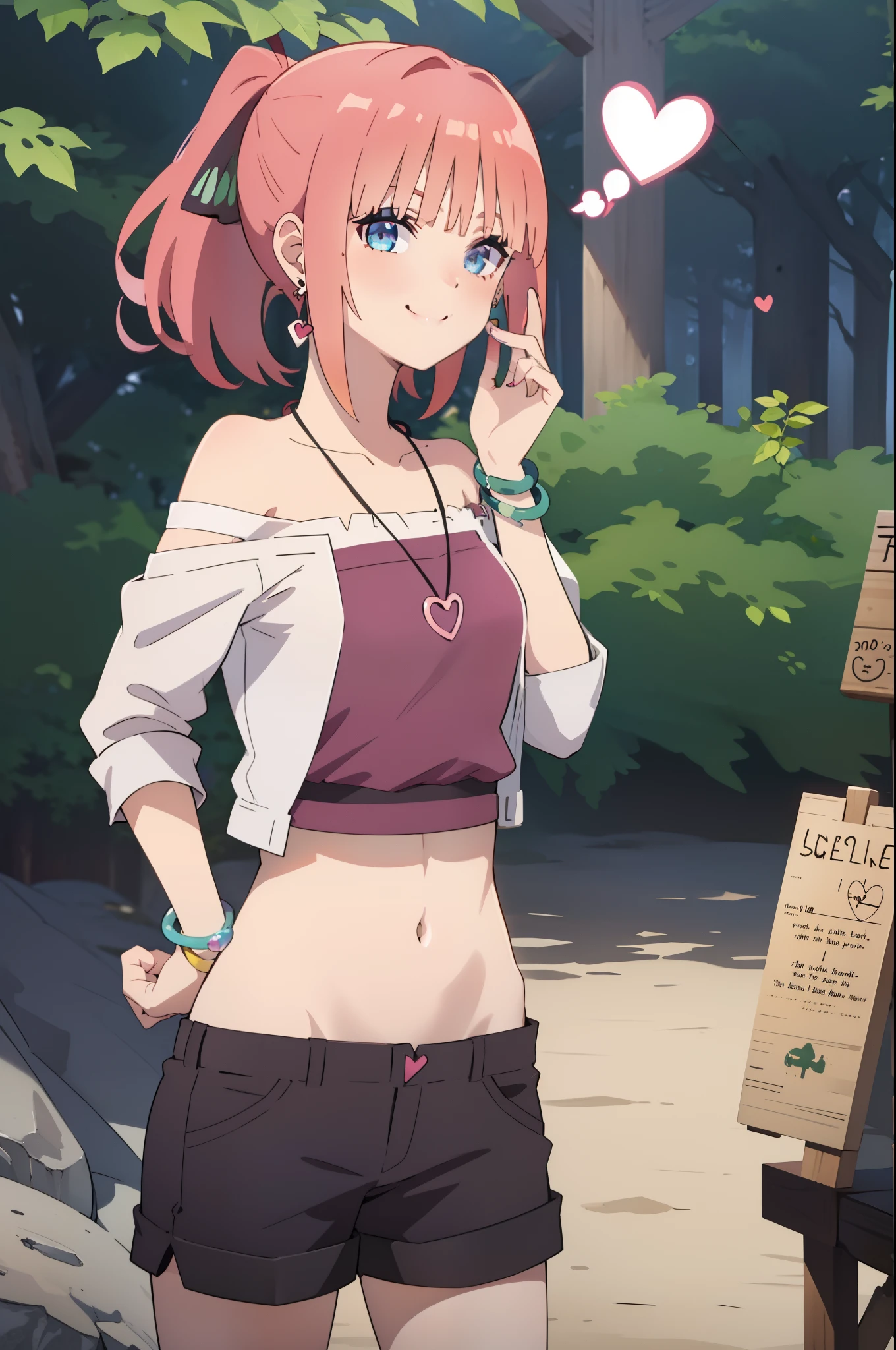 lisachi, looking at viewer, smile, shirt, jewelry, ponytail, heart, earrings, shorts, midriff, necklace, off shoulder, bracelet, hand on hip, short shorts, shorts, cutoffs