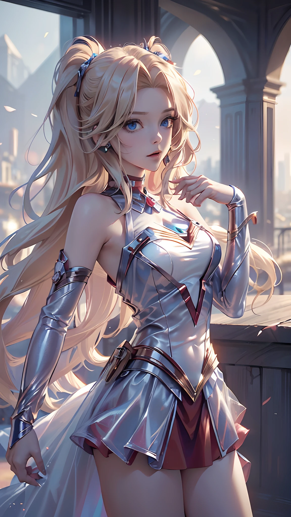 ((Best quality, Masterpiece, Nonsense)),1girll:1.9, Sexy, ( 18 years old, Expressive blue eyes, shoulder-length blonde hair, Long hair,Loose and fluffy hair),Dressed Supergirl cosplay (Super Girl Suite custom role-playing), short red dress,eechi, Terrace in 1 building