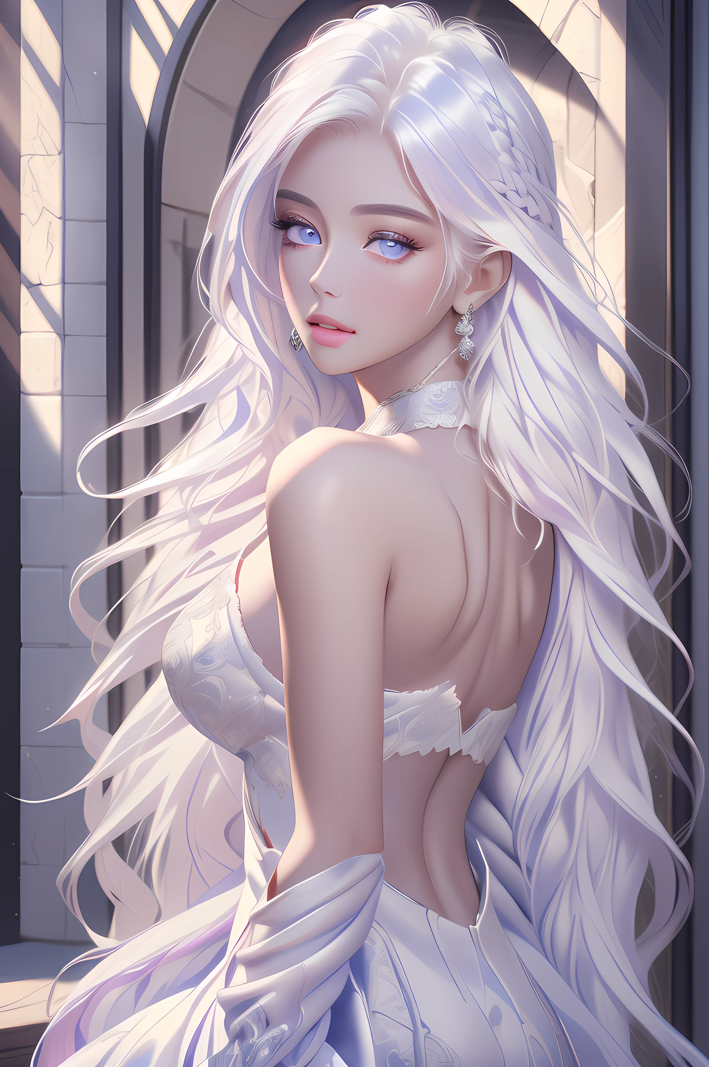 (masterpiece, sidelighting, finely detailed beautiful eyes: 1.2), 3d face, realistic, perfect face, masterpiece, highest quality, approaching perfection, (perfect face:1.1), (high detail:1.1), dramatic, (woman), pale skin, (long pure white hair:1.4), white eyes, solo, long hair, white luxury fur coat, white dress, snob, albino, Luminous Studio graphics engine, pouty lips, volumetric lighting, detailed eyes, (8k wallpaper masterpiece), hyper detailed, intricately detailed, overwhelmingly pixel perfect, roses, fashion, on side, looking at viewer