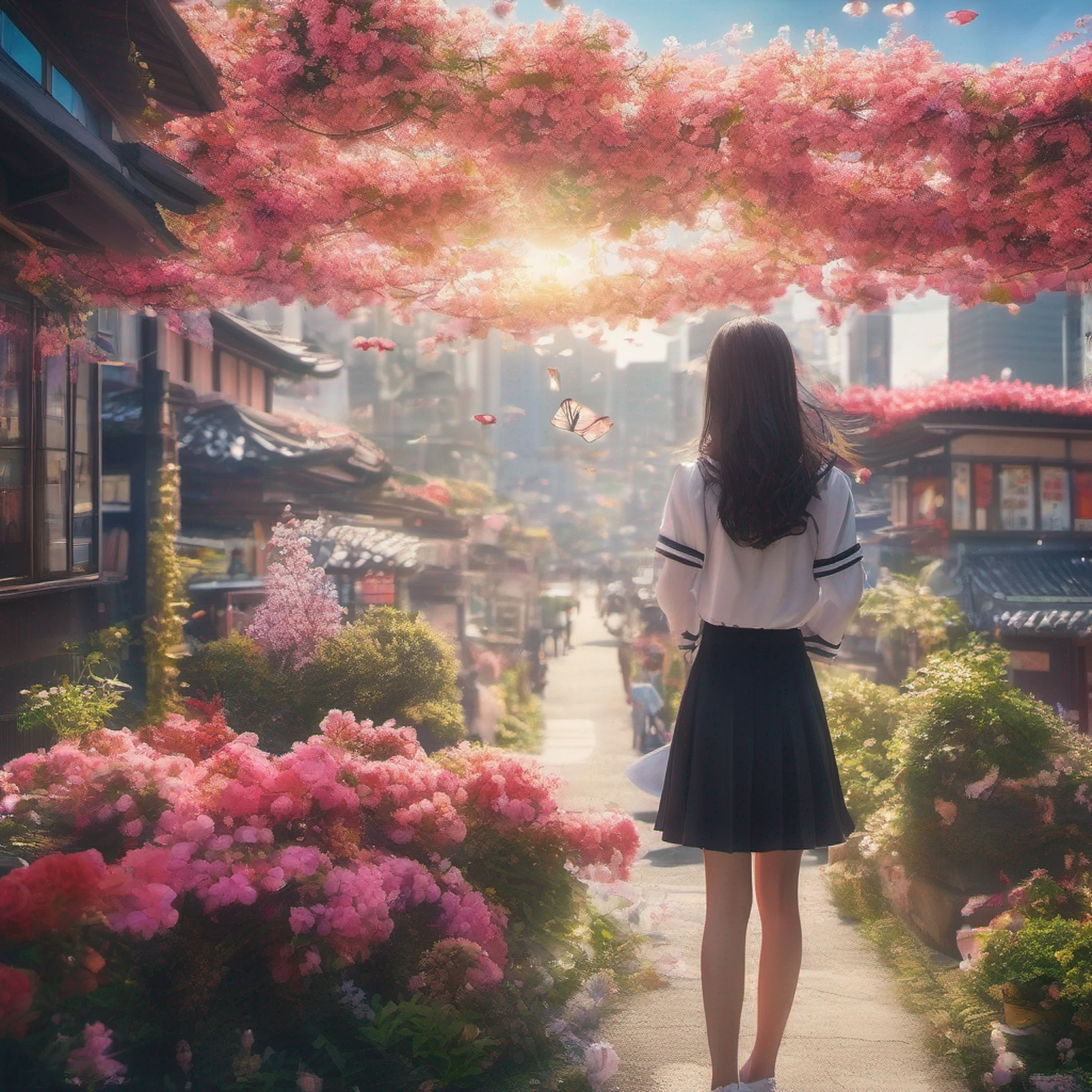 ccurate, best quality, masterpiece, UHD, high details, award winning, (Amazing:2.0), (Surrealism), Conceptual art, Verism, cinematic lighting, floating island in the sky, (((beautiful tokyo street))), Horizon, blue sky, paradise scenery, flowers, wind flow, (((fantasy))), frontier, (magnificent space), blurry foreground, bokeh, Hasselblad, lens flare, beautiful school girl, (17 yr old), ((((full body)))), from behind, she moving, without looking at me, (((wearing school uniform))), black eyes, black hair, (floating hair), ((8 life size)), detailed hairstyles, detailed bodyline, anatomically correct, cute face, ((accurately portray her)),