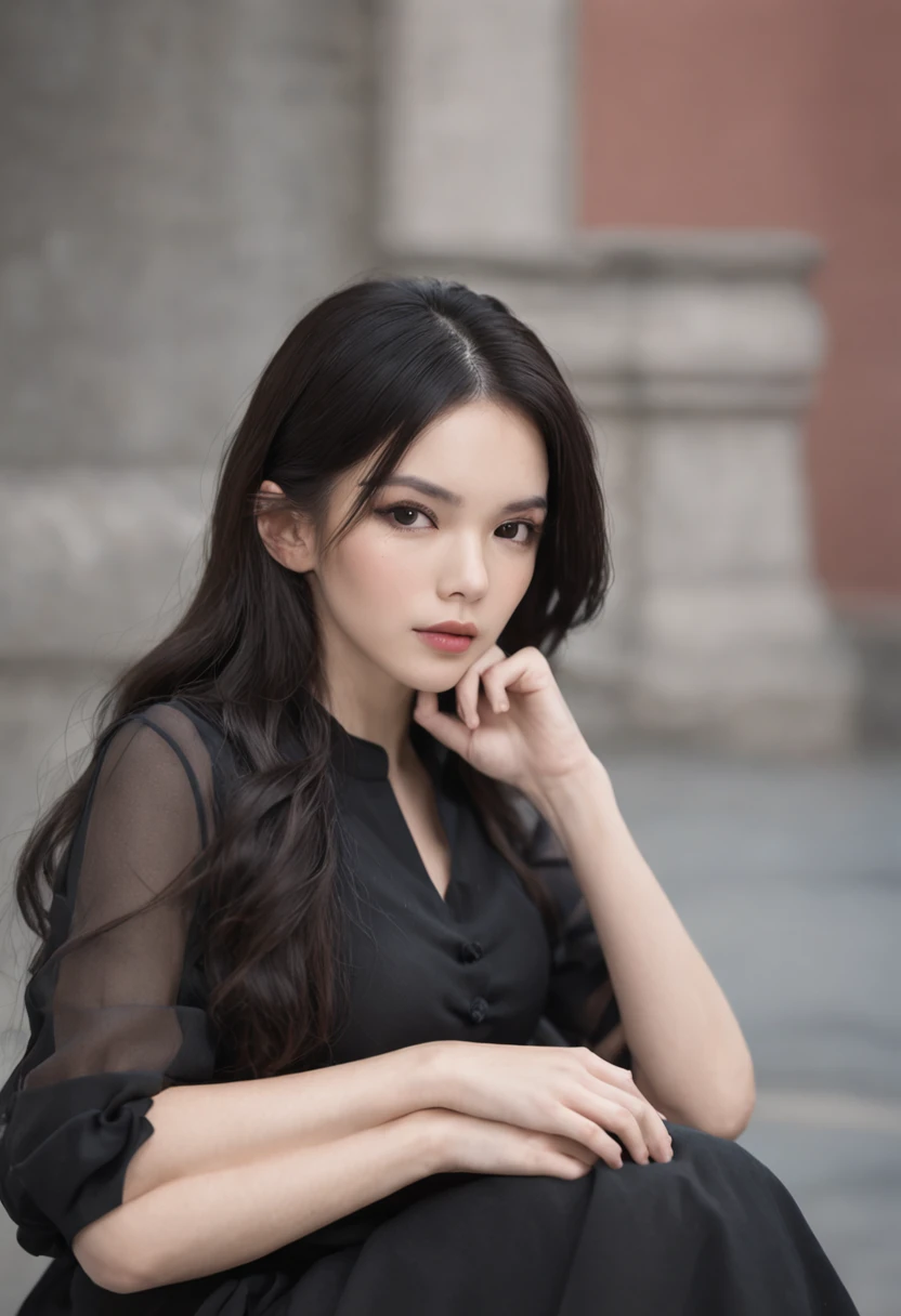 8K delicate perfect real 2D black long hair and black eyes mature young woman wearing black professional uniform, legs wearing black silk, delicate face, mature figure