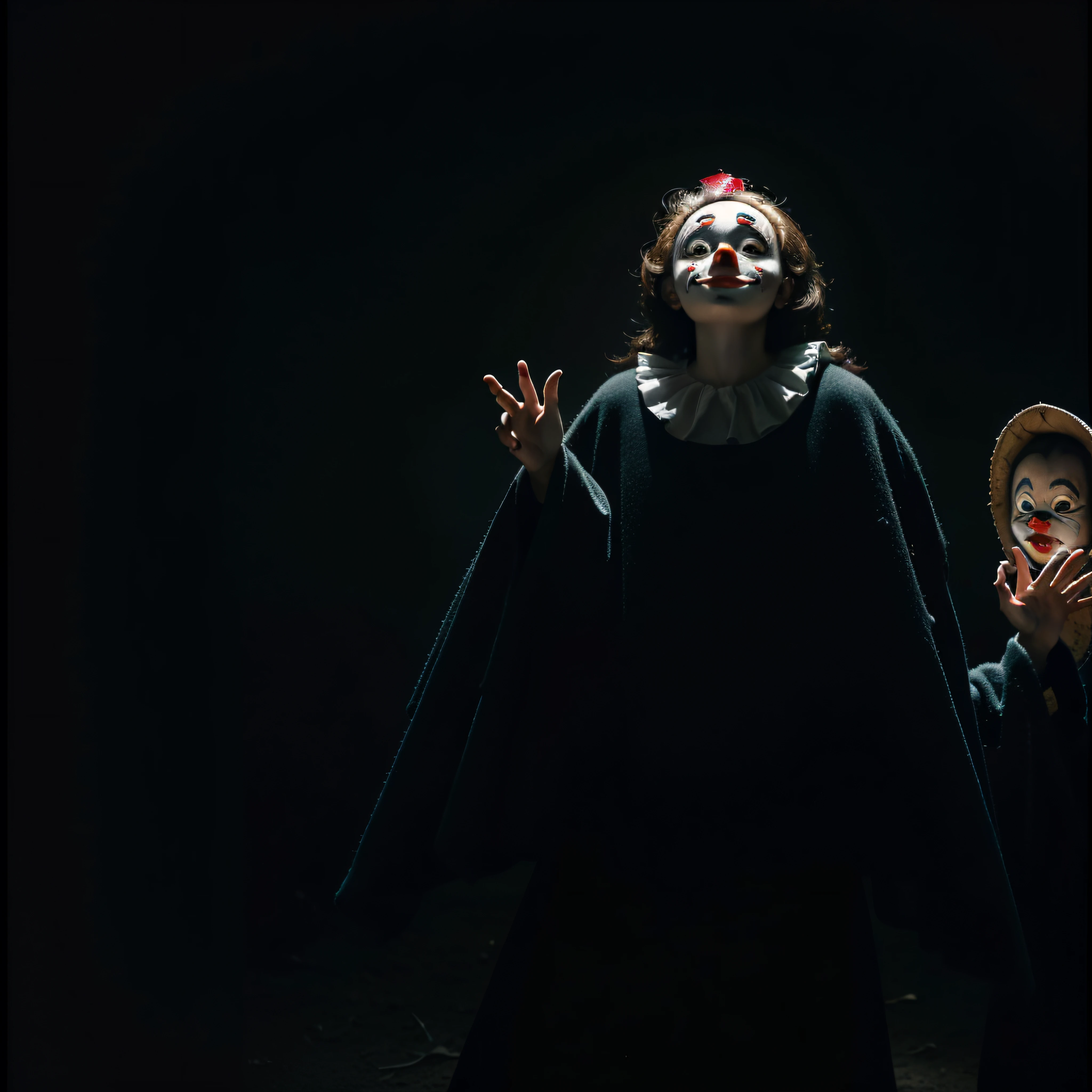 (extremadamente detallado, obra maestra, La mejor calidad, foto antigua, principios de siglo) dark kids with horror clown masks, colmillos, una linterna directa lo ilumina, bosque de noche. plano cercano. sangre por el suelo.