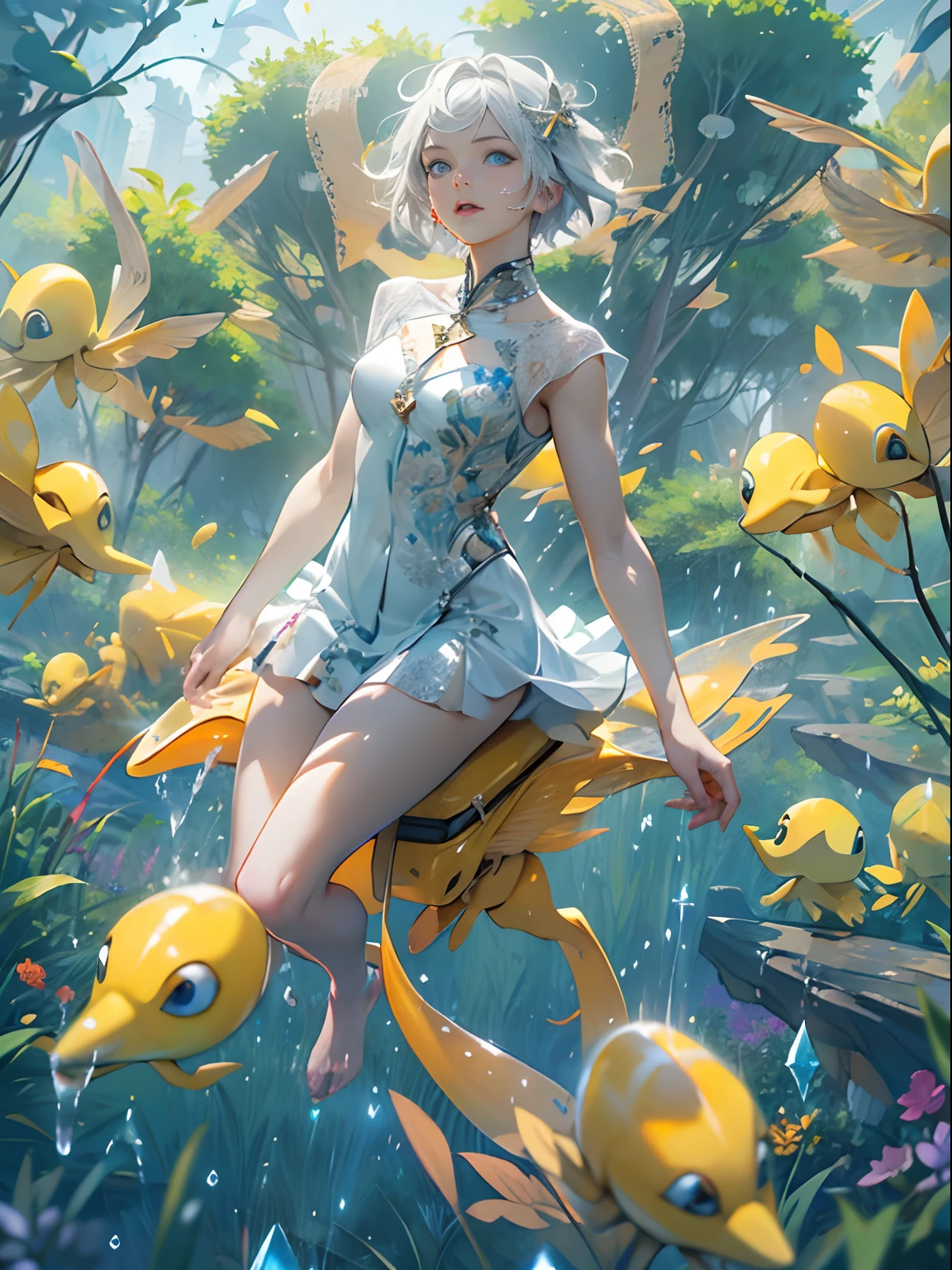 (Best Quality, Masterpiece: 1.1), (Realistic: 1.4), Beautiful naked schoolgirl is riding on the yellow squid, god ray, teen, silver short hair, blue eyes, full body, from below, hourglass body shape, flying over the park, crystallineAI, fractal art, splash