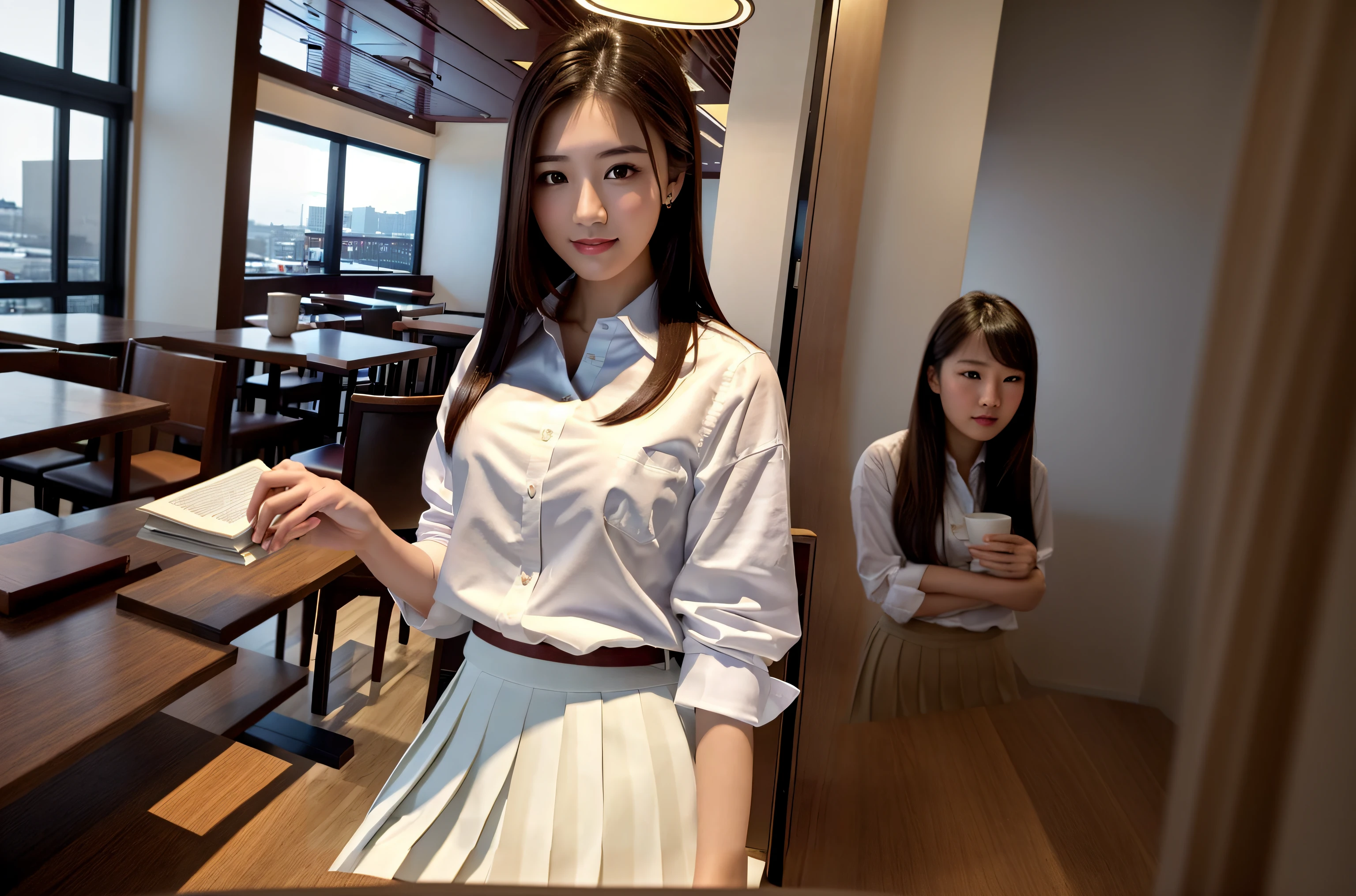 masterpiece、top-quality、超A high resolution、(Photorealsitic:1.4)、beautiful lighting、RAW Photography、8k UHD、hyperdetailed face、Realistic lightning、beautiful a girl、Sweet girl、((Wearing a white shirt and a long pleated skirt))、library、longshot、full of shyness、Hide your face behind a book、Photo Quality、A sexy、Being in a café、full bodyesbian