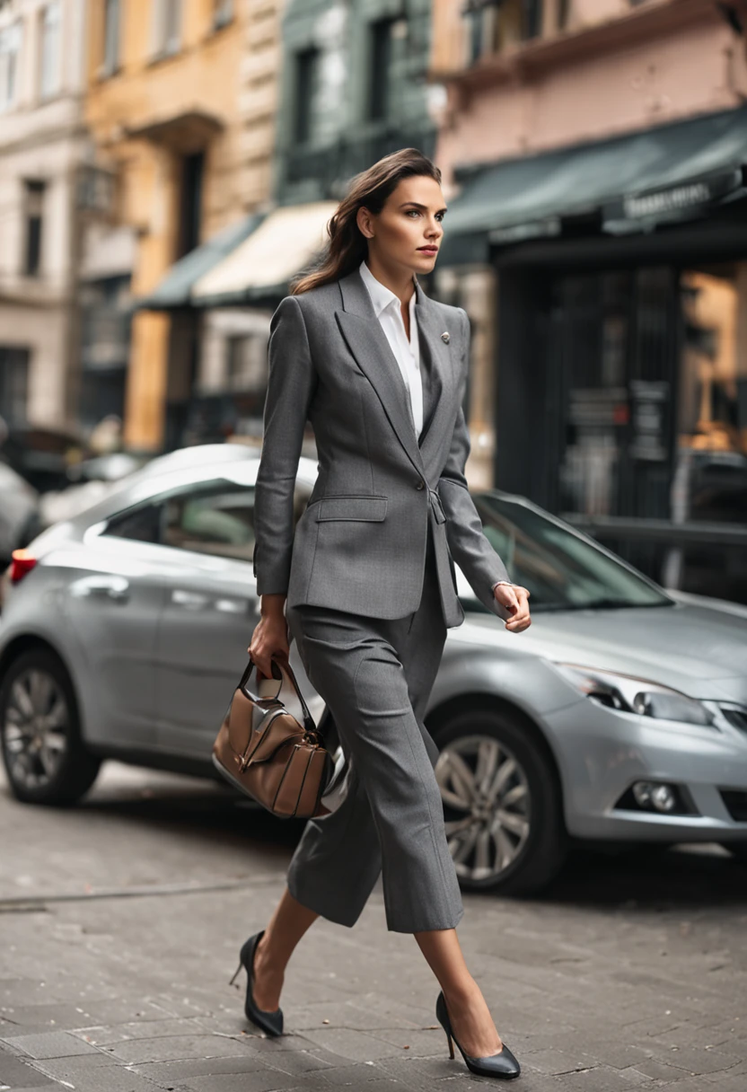 Woman in suit walking down the street with purse, Girl in suit, girl in a suit, dressed in a suit, dressed in a suit, Business suit, grey suit, office clothes, Woman in a suit, Elegant suit, Business clothes, female in office dress, Business woman, wearing fashion suit, wear suit, business outfit, casual business outfit