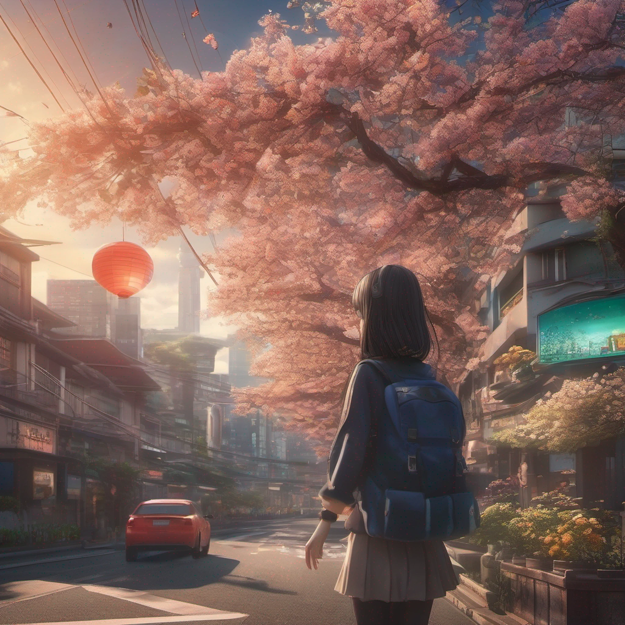 ccurate, best quality, masterpiece, UHD, high details, award winning, (Amazing:2.0), (Surrealism), Conceptual art, Verism, cinematic lighting, floating island in the sky, (((beautiful tokyo street))), Horizon, blue sky, paradise scenery, flowers, wind flow, (((fantasy))), frontier, (magnificent space), blurry foreground, bokeh, Hasselblad, lens flare, beautiful school girl, (r old), ((((full body)))), from behind, she moving, without looking at me, (((wearing school uniform))), black eyes, black hair, (floating hair), ((8 life size)), detailed hairstyles, detailed bodyline, anatomically correct, cute face, ((accurately portray her)),