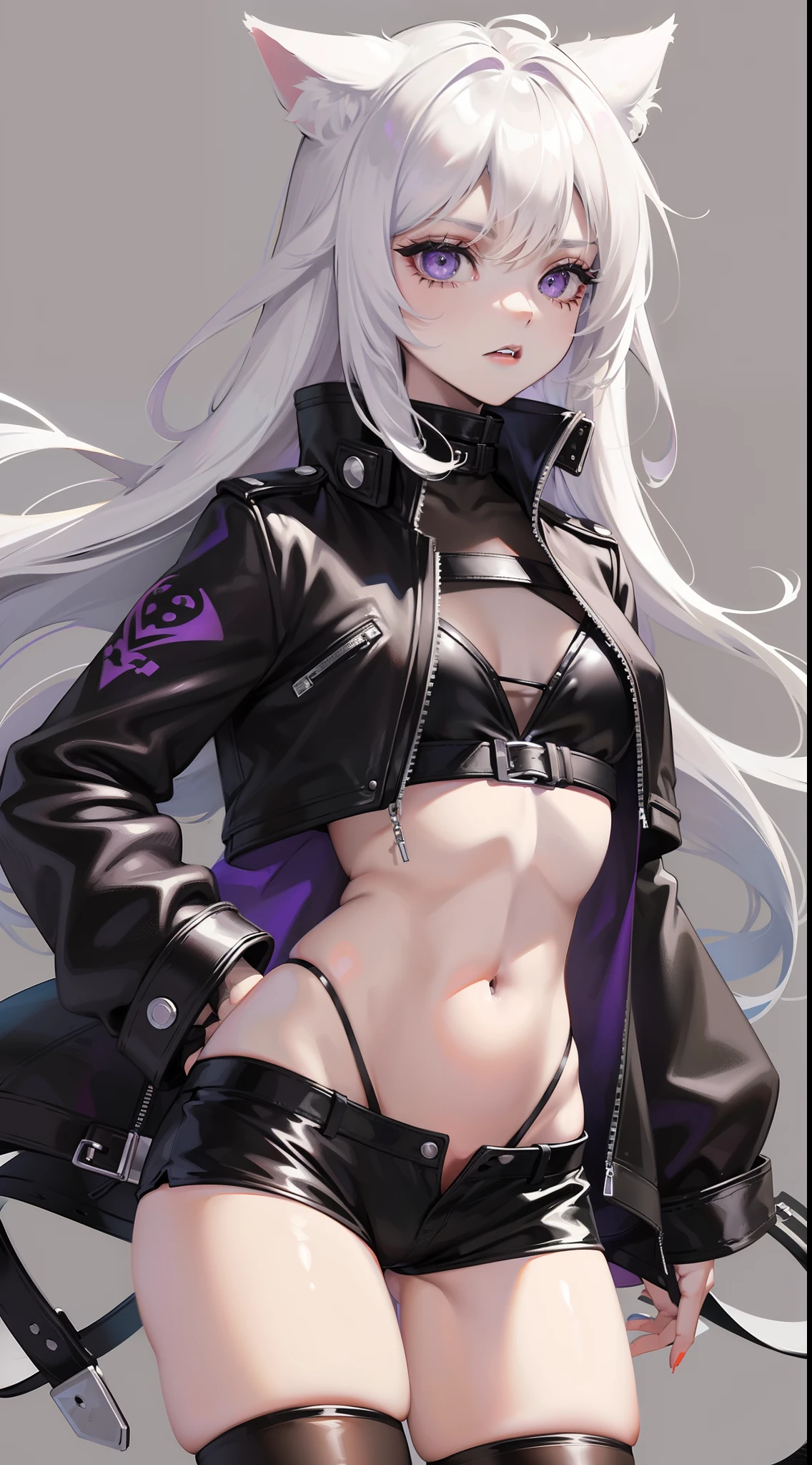 young girl, Long white hair, cat ears, violet eyes, leather jacket, briefs, tear stockings, Black Top, open belly, Lots of scars, claws, anger, Masterpiece, hiquality