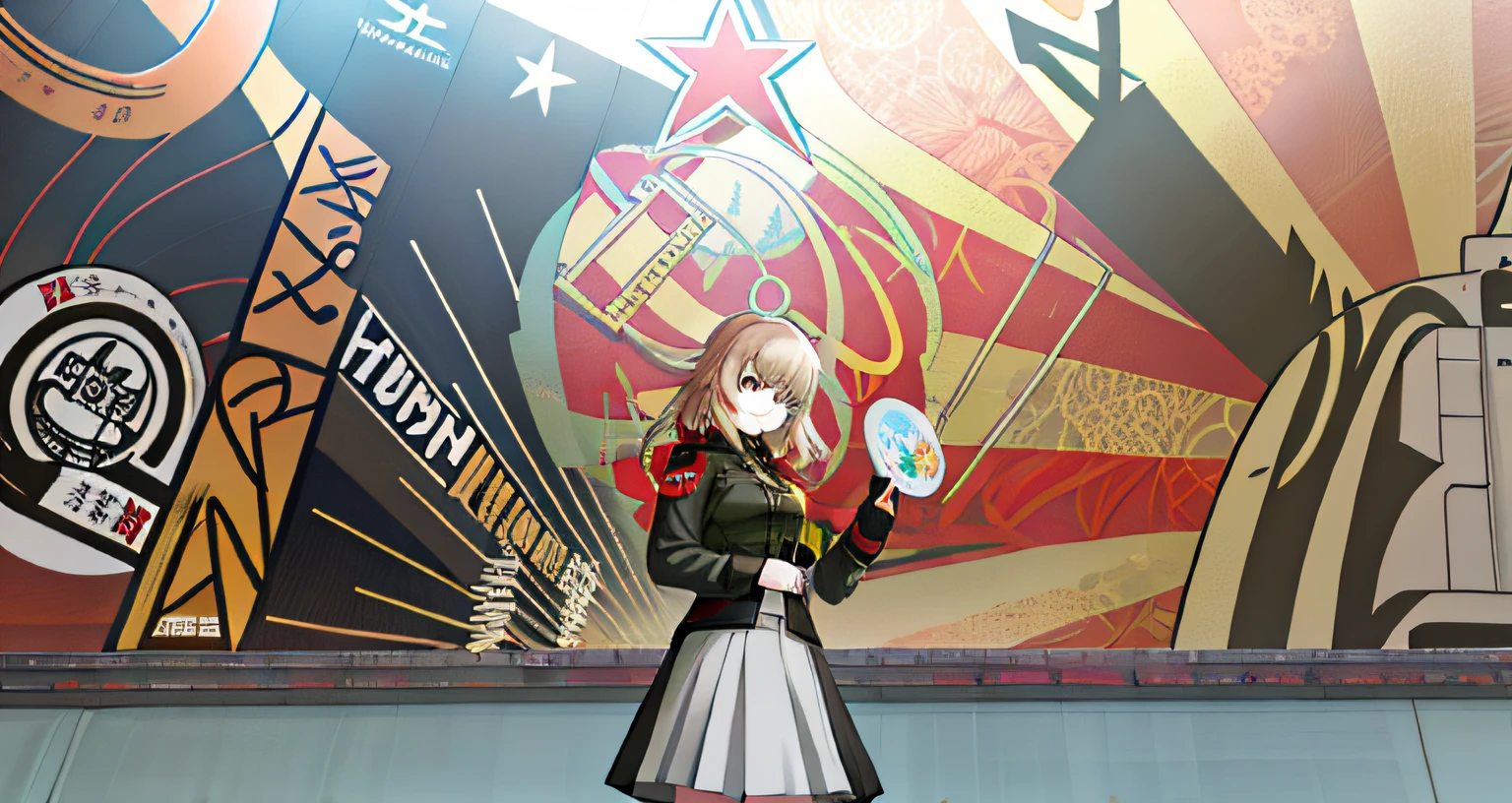 There was a woman standing in front of a large mural, offcial art, sovietwave, Official artwork, key art, the wallpaper!, girls frontline universe, akane owari danganronpa, promotional art, from girls frontline, hearts of iron portrait, digital art from danganronpa, Kantai collection style, alexey egorov