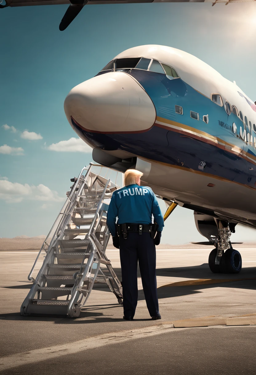 Donald Trump near a plane ladder being handcuffed by two police officers.