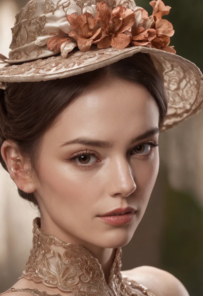Photorealistic head-to-toe image of a gorgeous brunette woman wearing a tight formal gala-dress and a large chupalla-hat, hair in a bun, hair-bun, Colorants naturels, pose dynamique, Kinematic image, —Niji 5 — Expressive style Textured detail Gorgeous face, detailed skin, (Epic science-fiction heroine, fantasy world, Femme fatale, (inspired by Tomer hanuka, Victor Mosquera, jean giraud moebius)) Looking with purple eyes on camera, Rendu octane, Hdr, couvrir, unzoom, luminisme, Bar lighting, complexe, 8k Resolution Portrait Bioluminescens Fractal Isometry Details : Stunning realistic photography.