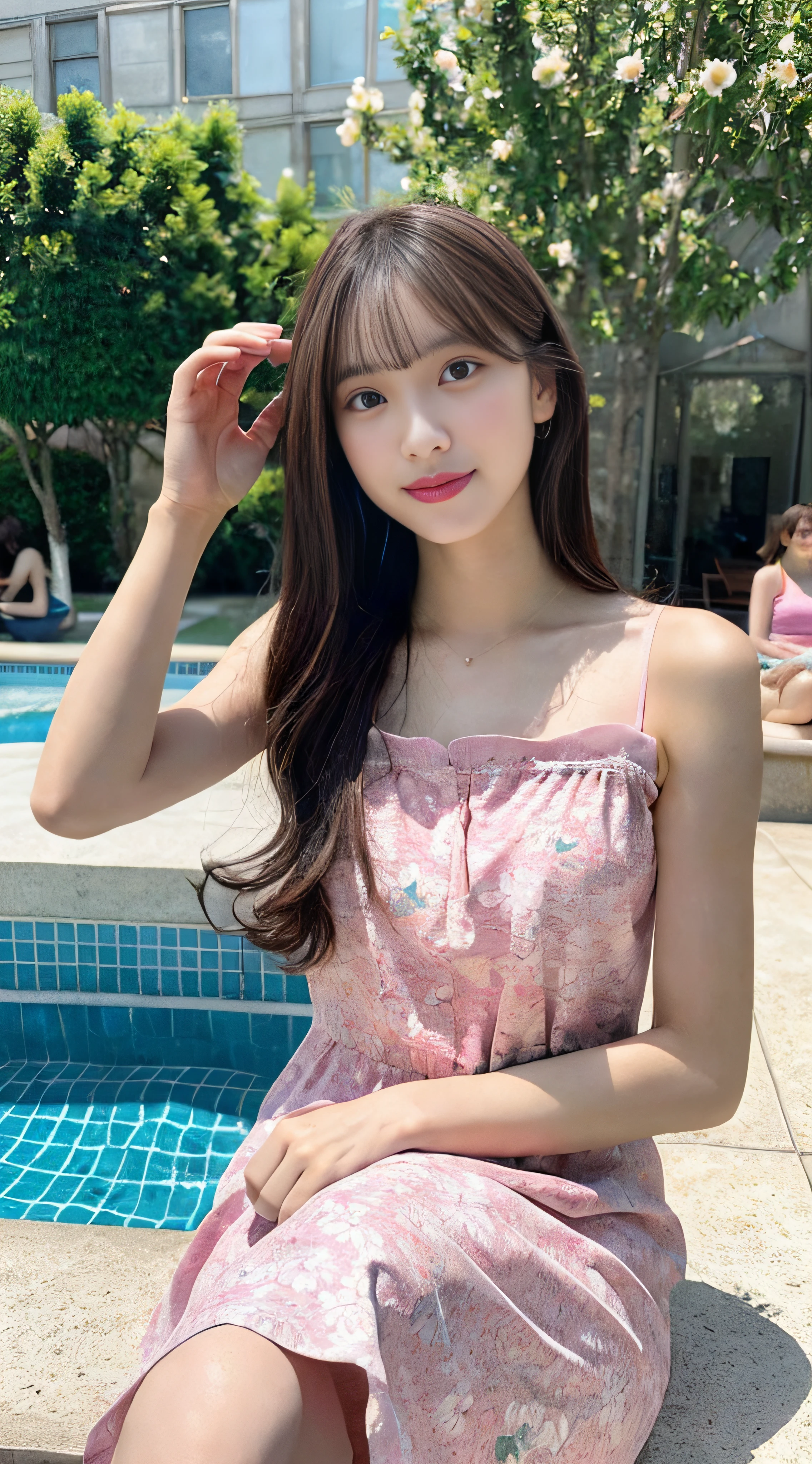 (8K、Raw photography、top-quality、​masterpiece:1.2)、32K、ultra res、fully body photo、(Composition from the knee up:2.0)、body facing forward:2.0、Full body portrait、rialistic photo、((Pink Floral Camisole Long Dress:1.6))、(realisitic、Photorealsitic:1.37)、超A high resolution、depth of fields、Soft lighting、Caustics、Canon EOS、​masterpiece、ultra-detailliert、pylons、(8K、Raw photography、top-quality、​masterpiece:1.2)、32K、ultra res、rialistic photo、(realisitic、Photorealsitic:1.37)、超A high resolution、depth of fields、Caustics、Canon EOS、​masterpiece、ultra-detailliert、fully body photo、1girl in、独奏、in poolside、Slender Abs、flat breast、small tits、Bust 70 cm、Hip 82 cm、Slender body、big breasts thin waist、The crotch is clear、tiny chest、small  hip、Model grade ratio、Vibrant poses、Super cute full body photo、1girl in、、is standing、in poolside、Slender Abs、Waist 52 cm、flat breast、small tits、Bust 70 cm、Hip 82 cm、Slender body、big breasts thin waist、tiny chest、small  hip、Model grade ratio、Vibrant poses、Super Cute