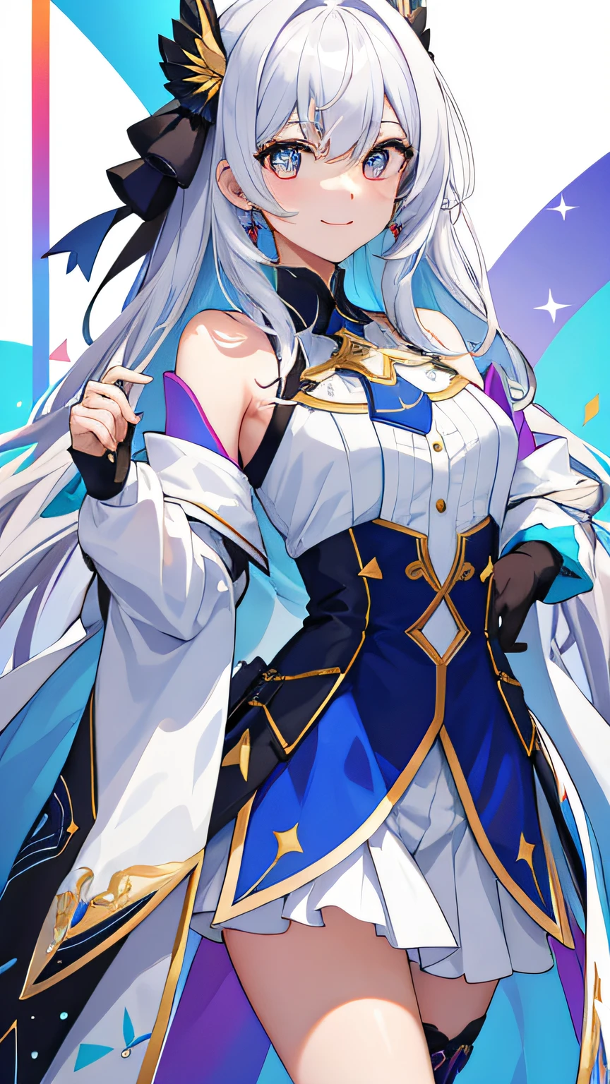 （tmasterpiece，best qualityer），（（1girll，（a matural female）long whitr hair），（star-shaped bule pupils，+_+，symbol-shaped pupils，sparkle eyes）），（looking at viewert，Light smile，cropped shoulders），（Colorful background，abstract backgrounds，color difference），Put your hands behind your back