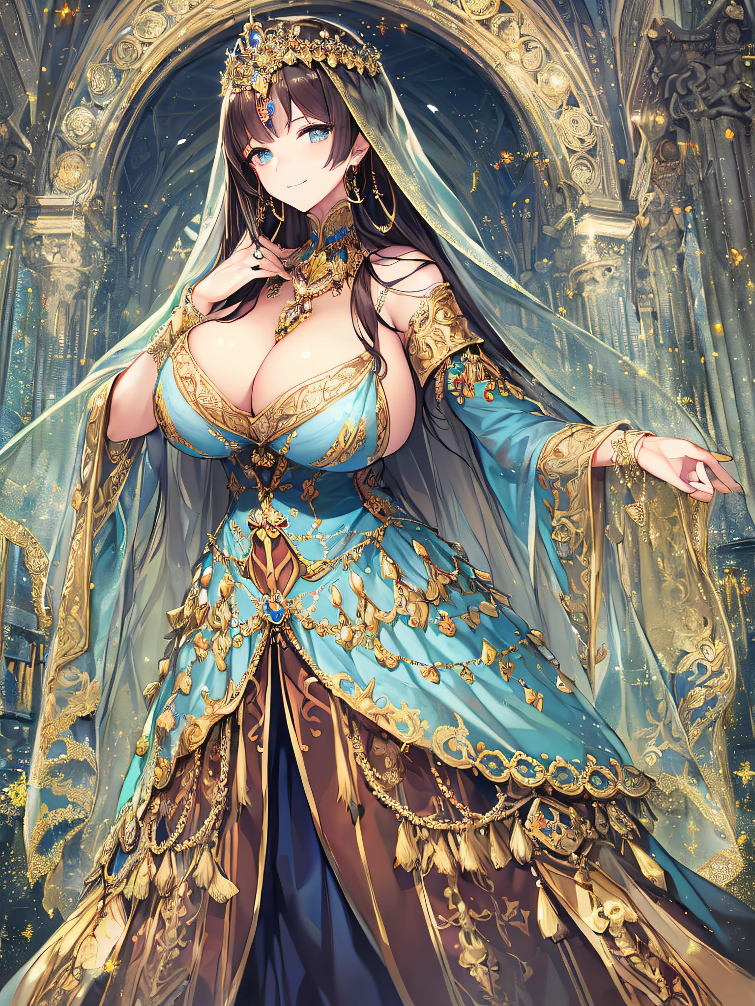 (anime artstyle),((Masterpiece,Best Quality,Super Detail,Very Delicate and Beautiful)),Solo,((full body,standing picture)),standing in the sacred cathedral,((Sacred atmosphere)),((1 holy High Priestess in beautiful embroidery and jeweled gorgeous rococo ballgown dress with voluminous full length hoop skirt)),(crinoline),gorgeousfull embroidery,(gorgeous gemstone jewelry),(detailed face and eyes),jewel-like eyes,smile,((large amount of straight hair,extremely Long voluminous Hair)),Sacred Veil,((gigantic tits,Long tits,skindentation)),gorgeousfull embroidery,cleavage,extremely gorgeousfull hair ornament,(bling-bling extremely gorgeousfull jeweled tiara),gorgeous corsage,Stained glass,(Dynamic Angle),Looking at viewer,((full body)),((beautiful embroidery and jeweled gorgeous rococo ballgown dress with voluminous full length hoop skirt))