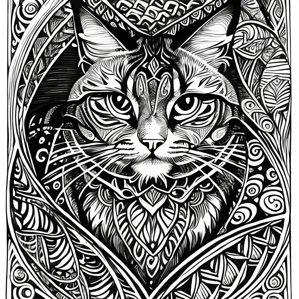 Maincoon cat, (best quality) zentangle, fine line drawing, fine line art, colouring book illustrations, ultra-detailed, intricate linework, highly detailed illustration, perfect composition, beautiful and stunning, dynamic angle, high contrast, incredible shading, incredible detail, unique style, multi colored details, (dark and mystical atmosphere), intricate and detailed nature elements.