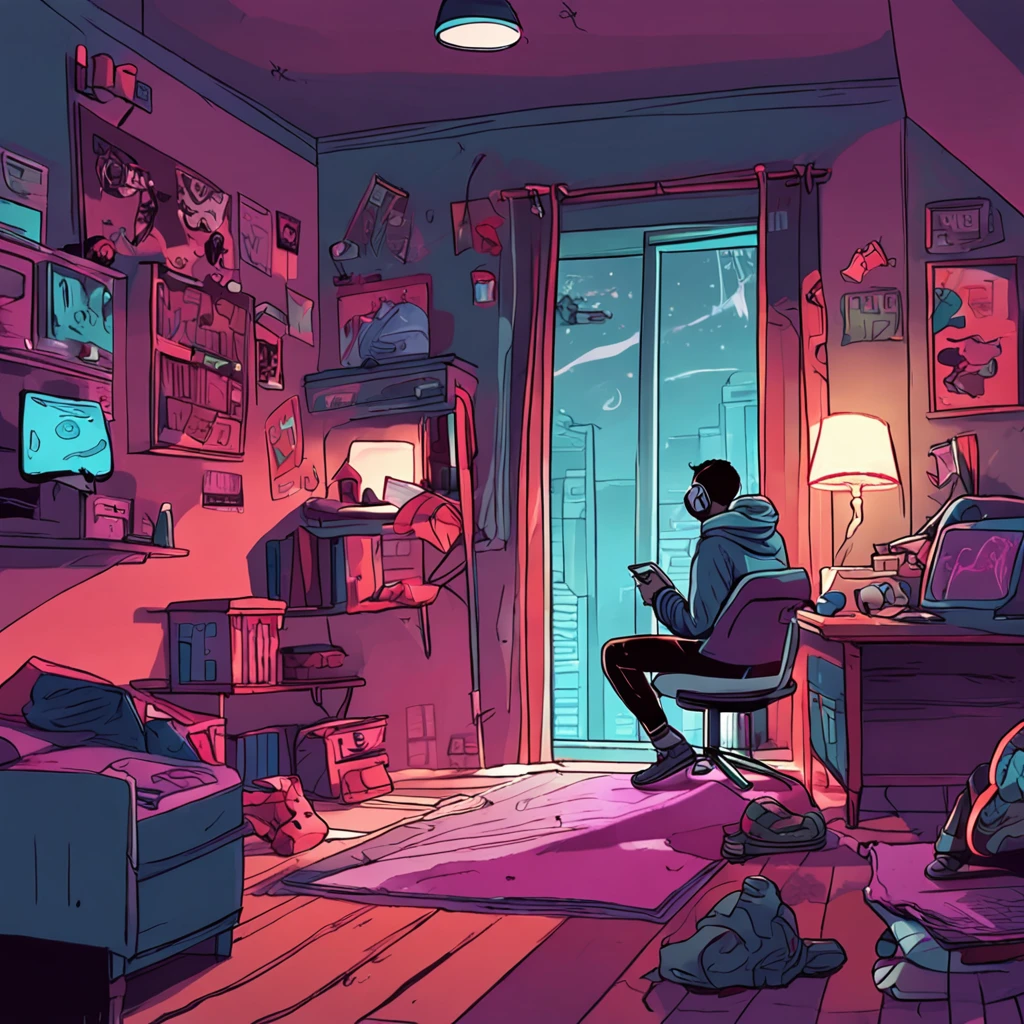 teen, playing mobile game, view from a little further, no electricity, in his room, half day half night, spiderman spider verse style\