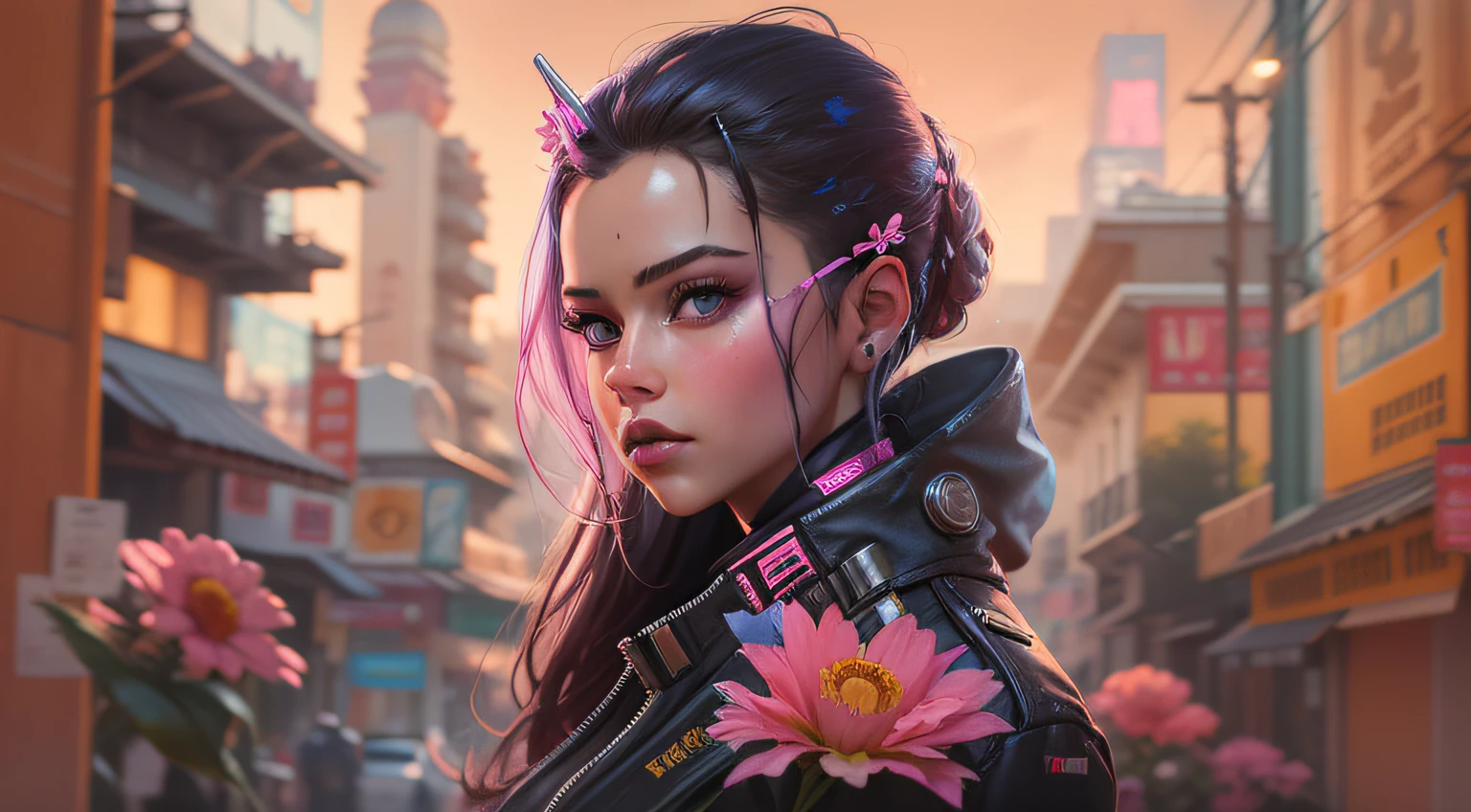 character design of Panam Palmer, double exposure shot, front profile of a beautiful flowerpunk woman filled with pink sniper guns and amber drugs, brunette beauty, filled with flowery building and temples, Cyberpunk2077, Selena Gomez is Panam Palmer, cinematic lighting