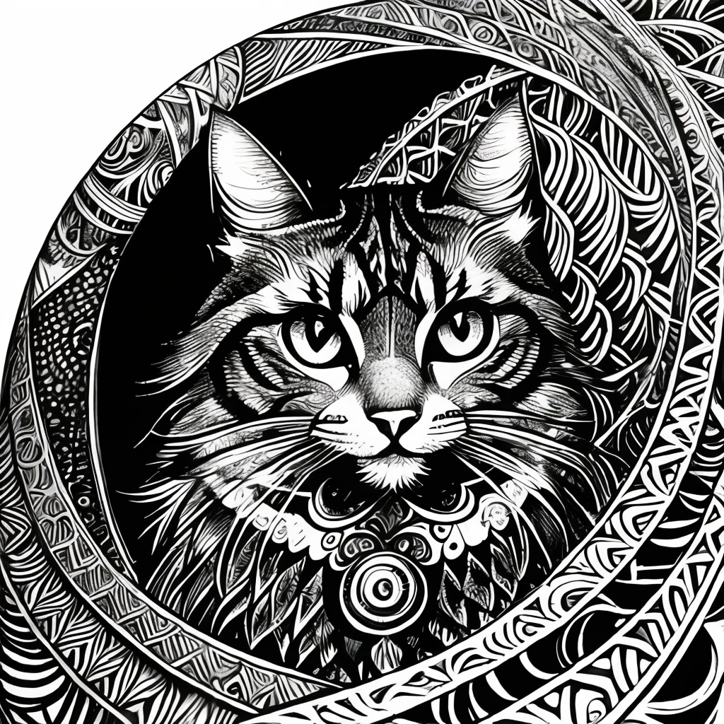 Maincoon cat, (best quality) zentangle, fine line drawing, fine line art, colouring book illustrations, ultra-detailed, intricate linework, highly detailed illustration, perfect composition, beautiful and stunning, dynamic angle, high contrast, incredible shading, incredible detail, unique style, multi colored details, (dark and mystical atmosphere), intricate and detailed nature elements.