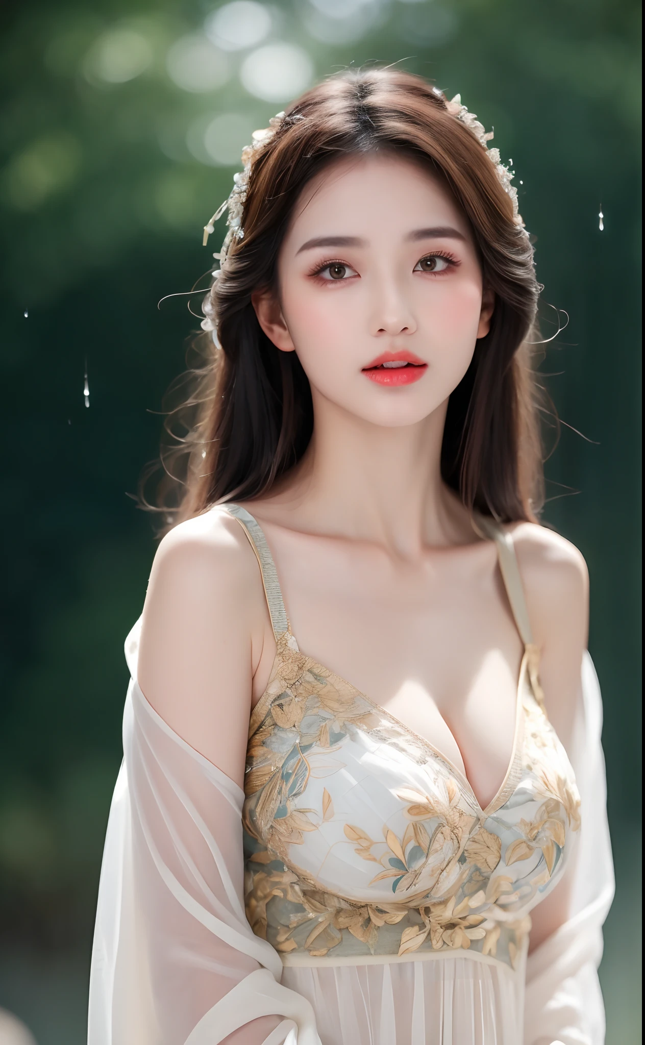 ((Best Quality, 8k, Masterpiece: 1.3)), Focus: 1.2, Perfect Body Beauty: 1.4, Buttocks: 1.2, ((Layered Haircut)), (Wet Clothes: 1.1), (Rain, Street:1.3), (Breasts: 1.2), (Hanfu: 1.2), Bare Shoulders, Bare Legs, Highly Detailed Face and Skin Texture, Fine Eyes, Double Eyelids, Whitened Skin, Long Hair, (Shut Up: 1.5), (Bokeh Background: 1.5), Big Breasts