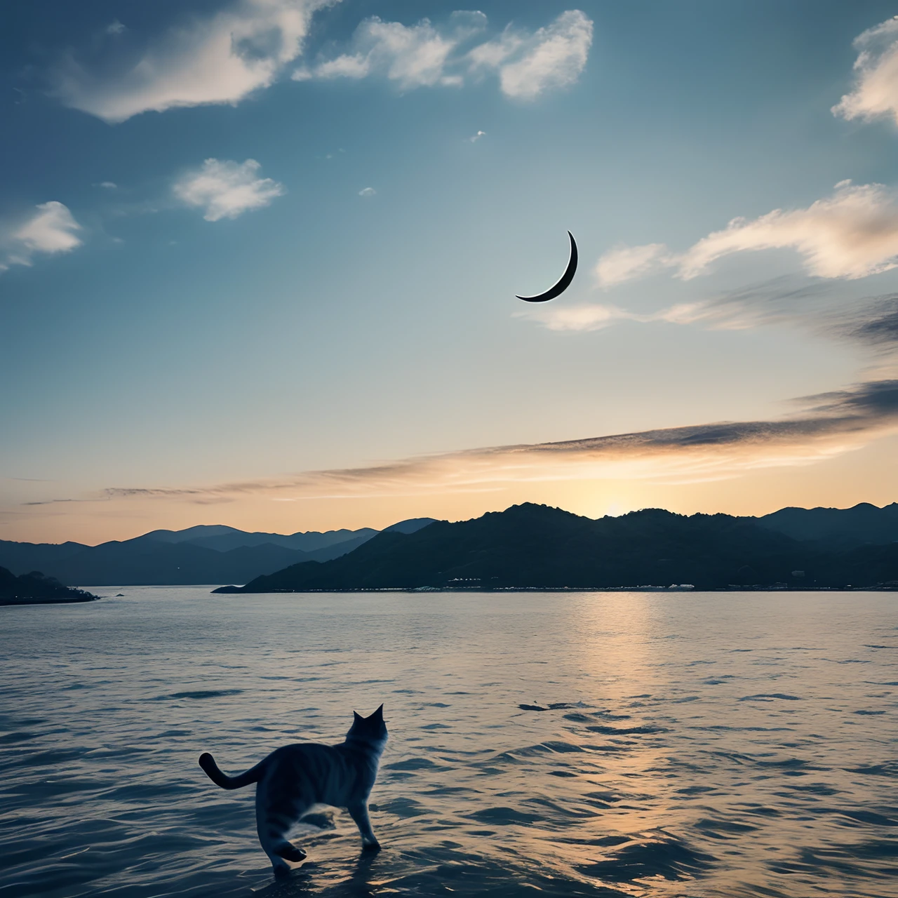 cat running in the sky, silver tabby, white crescent moon pattern on head, clouds, clouds, cloudy sky, outdoor, journey, sky, dusk, pleasant breeze, kagawa, seto inland sea, solo, full body, back view, animal, dynamic arrangement, dynamic angle, 8k, {{{masterpiece}}}},