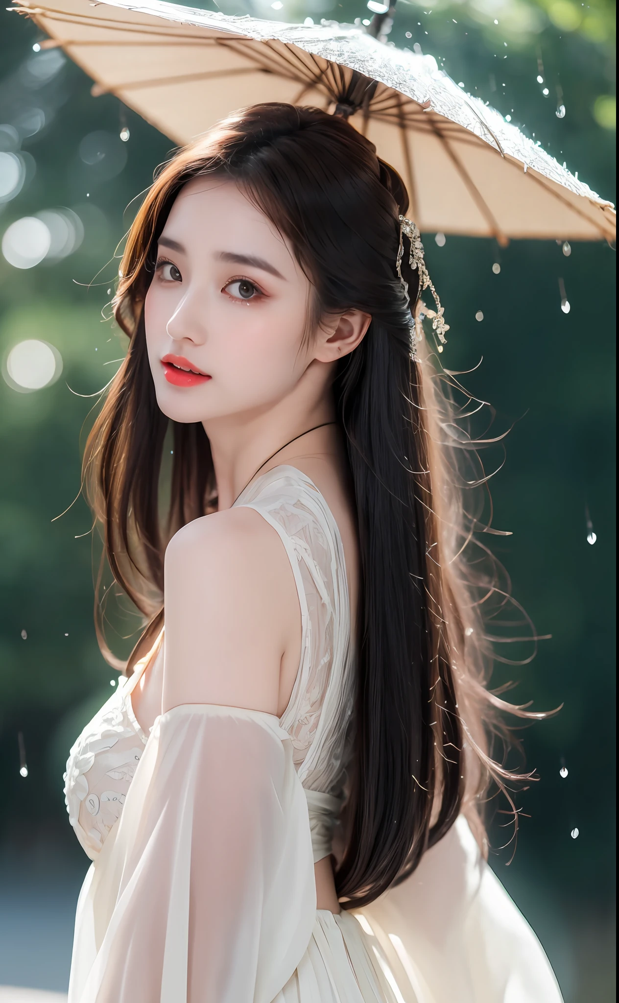 ((Best Quality, 8k, Masterpiece: 1.3)), Focus: 1.2, Perfect Body Beauty: 1.4, Buttocks: 1.2, ((Layered Haircut)), (Wet Clothes: 1.1), (Rain, Street:1.3), (Breasts: 1.2), (Hanfu: 1.2), Bare Shoulders, Bare Legs, Highly Detailed Face and Skin Texture, Fine Eyes, Double Eyelids, Whitened Skin, Long Hair, (Shut Up: 1.5), (Bokeh Background: 1.5), Big Breasts