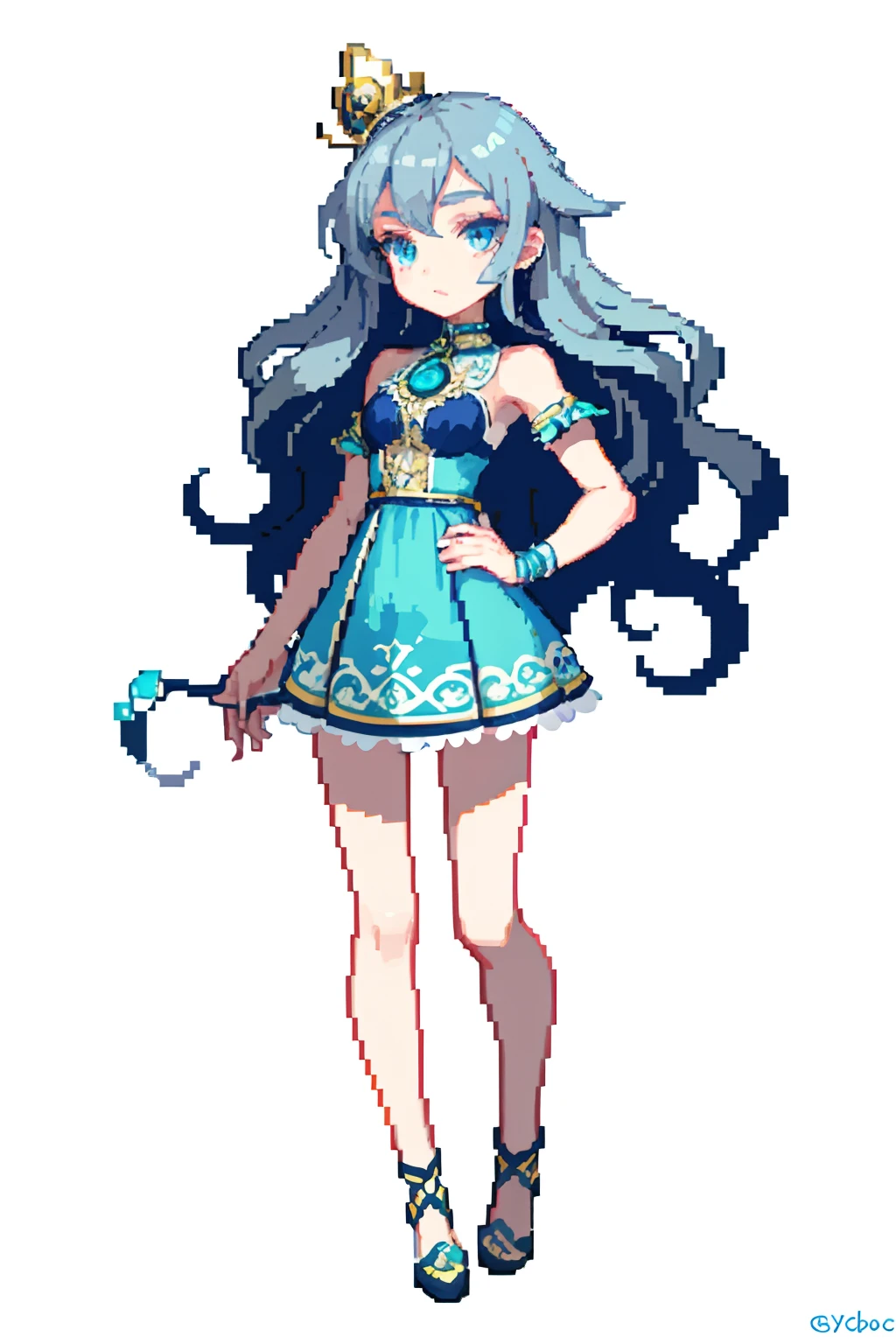 masterpiece, top quality, best quality), pixel,pixel art, 1 girl, grey wavy hair, blue lipstick, jade eyes, pearl, fullbody