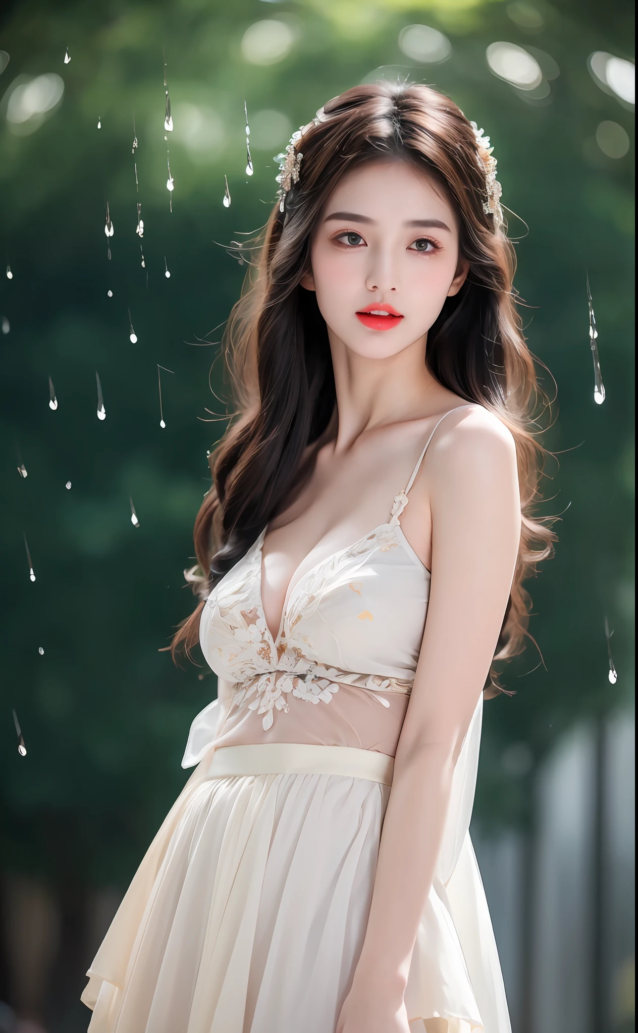 ((Best Quality, 8k, Masterpiece: 1.3)), Focus: 1.2, Perfect Body Beauty: 1.4, Buttocks: 1.2, ((Layered Haircut)), (Wet Clothes: 1.1), (Rain, Street:1.3), (Breasts: 1.2), (Hanfu: 1.2), Bare Shoulders, Bare Legs, Highly Detailed Face and Skin Texture, Fine Eyes, Double Eyelids, Whitened Skin, Long Hair, (Shut Up: 1.5), (Bokeh Background: 1.5), Big Breasts