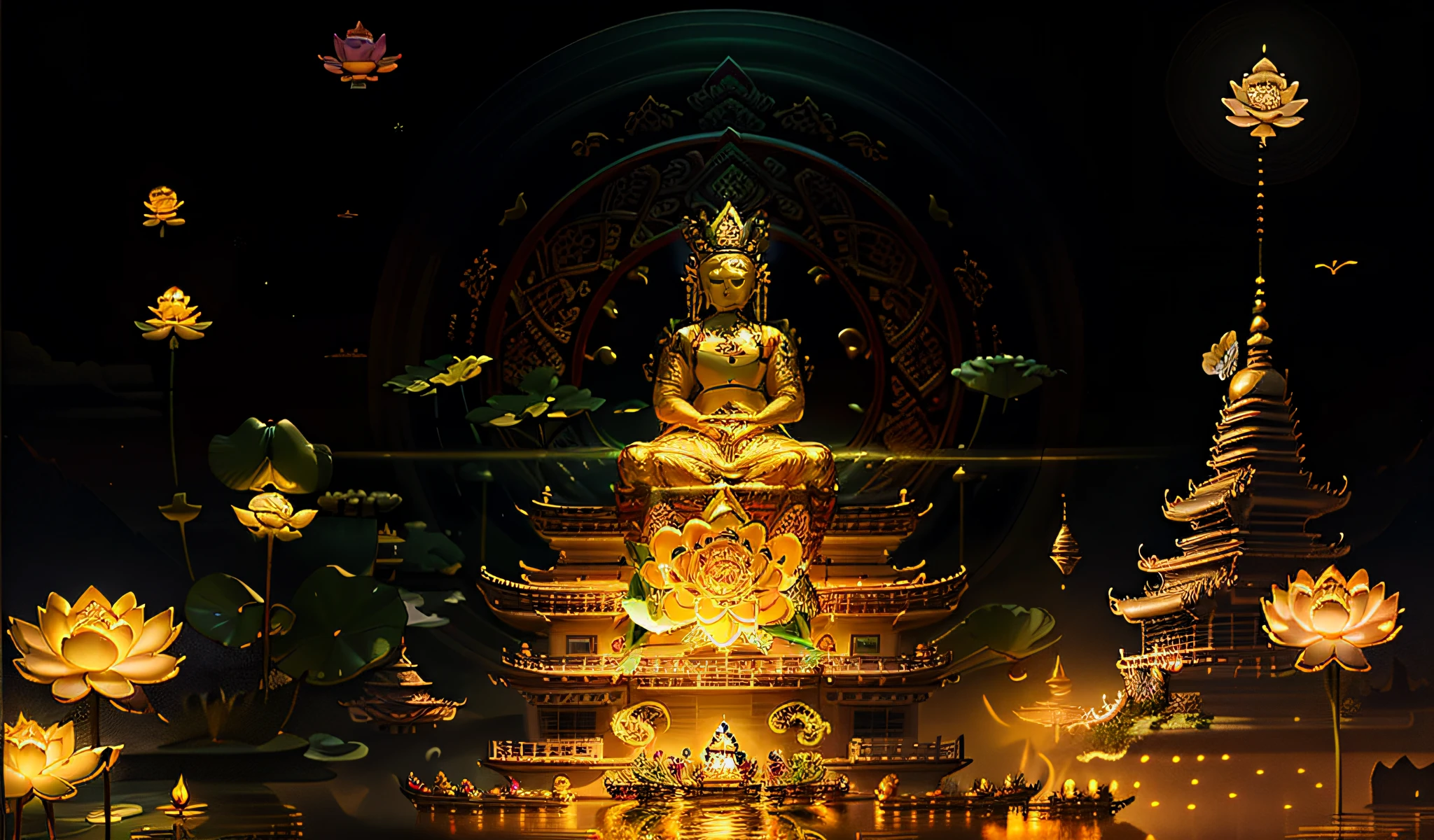 There is a star Acturian Buddha sitting on a red carpet with a serpent in position to give the boat in front of the altar, ayahuasca ceremony, ayahuasca spirit, DMT temple, mythical cosmic sanctuary, album art, ayahuasca, sanctuary, mythical sanctuary, an altar of a temple, nocturnal spiritual scene, in a jungle environment, with nature,  trees, Hindu cybernetic temple, sacrificial altar