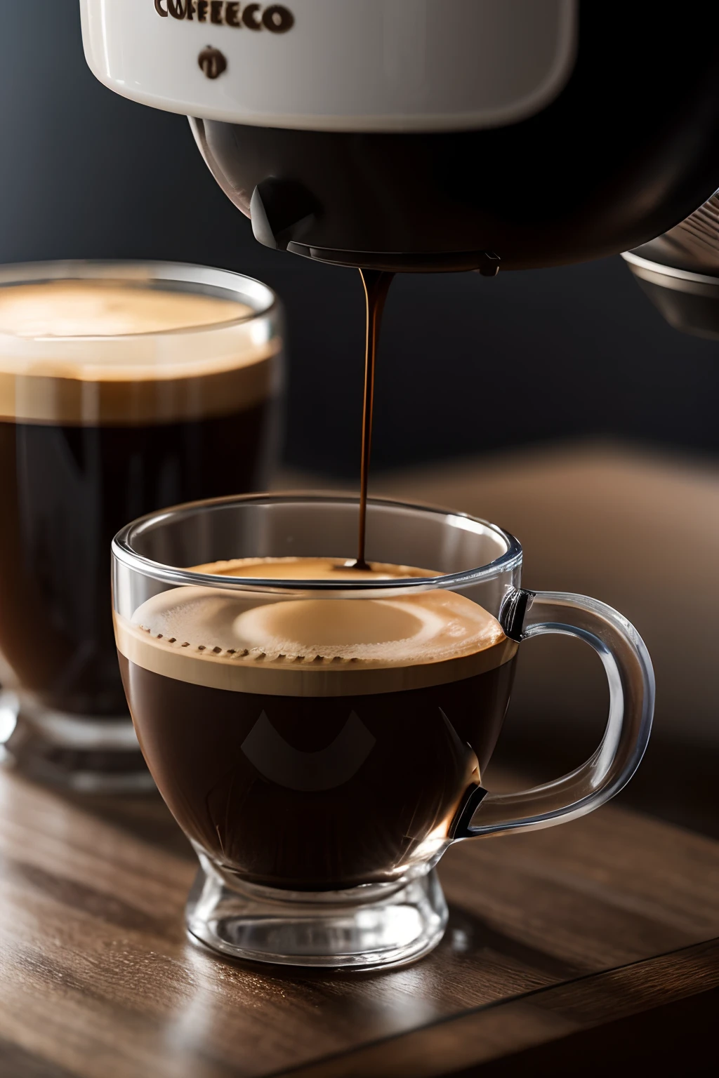 Macro photograph of the detail of espresso coming out of the Italian coffee maker to the transparent glass cup. Hyper-realistic detail of the machine, of the cup and the coffee dropping creamy. kinematic lighting, 8k