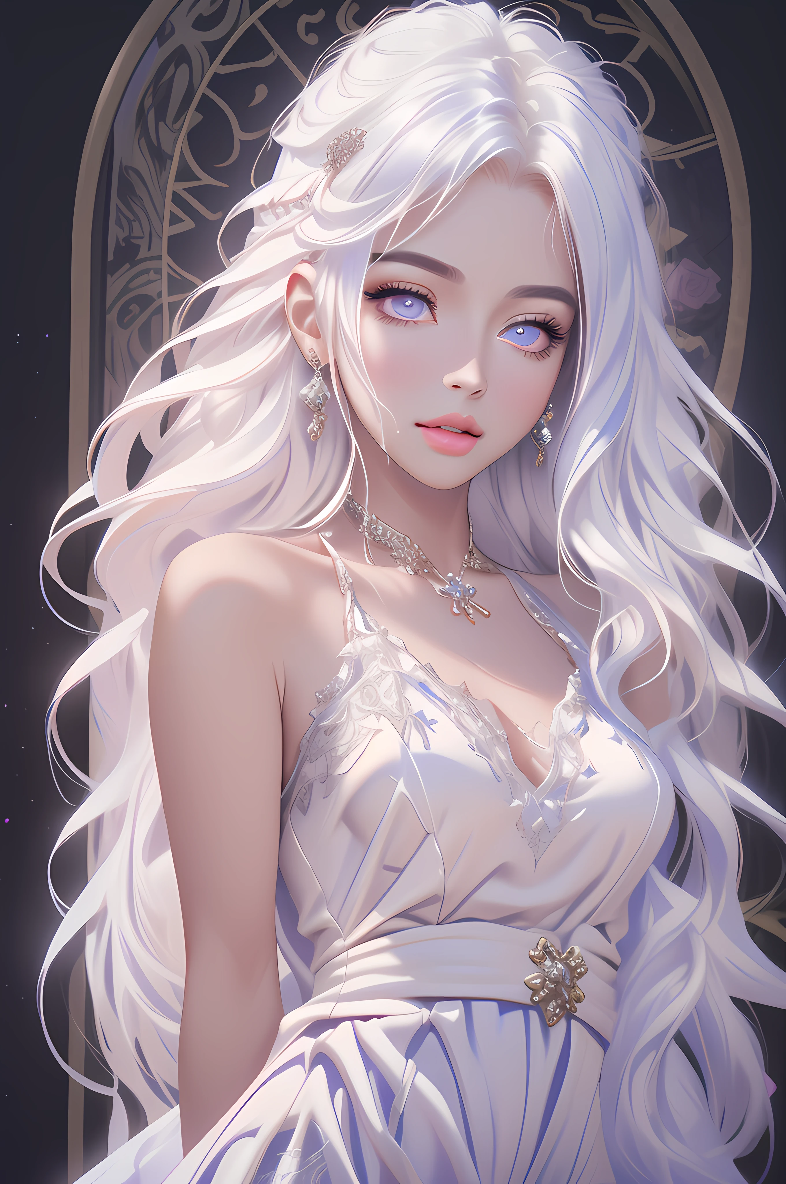 (masterpiece, sidelighting, finely detailed beautiful eyes: 1.2), 3d face, realistic, perfect face, masterpiece, highest quality, approaching perfection, (perfect face:1.1), (high detail:1.1), dramatic, (woman), pale skin, (long pure white hair:1.4), white eyes, solo, long hair, white luxury fur coat, white dress, snob, albino, Luminous Studio graphics engine, pouty lips, volumetric lighting, detailed eyes, (8k wallpaper masterpiece), hyper detailed, intricately detailed, overwhelmingly pixel perfect, roses, fashion, on side, looking at viewer