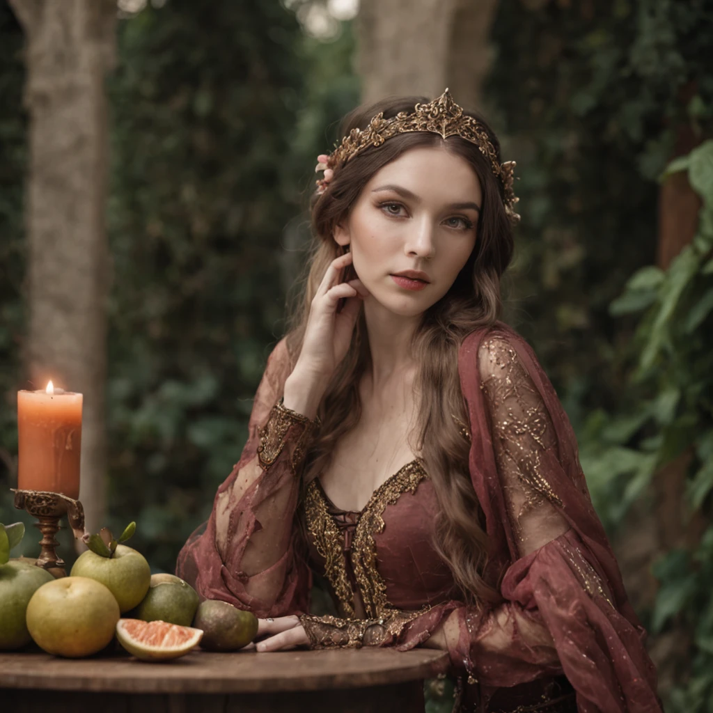 120mm photograph medium format film photography Kodak portra young, fantasy elven wench leaning on an intricate medieval table full of exotic drinks and fruits, intricate silk gown, lustfull, steamy, warm, dark fantasy