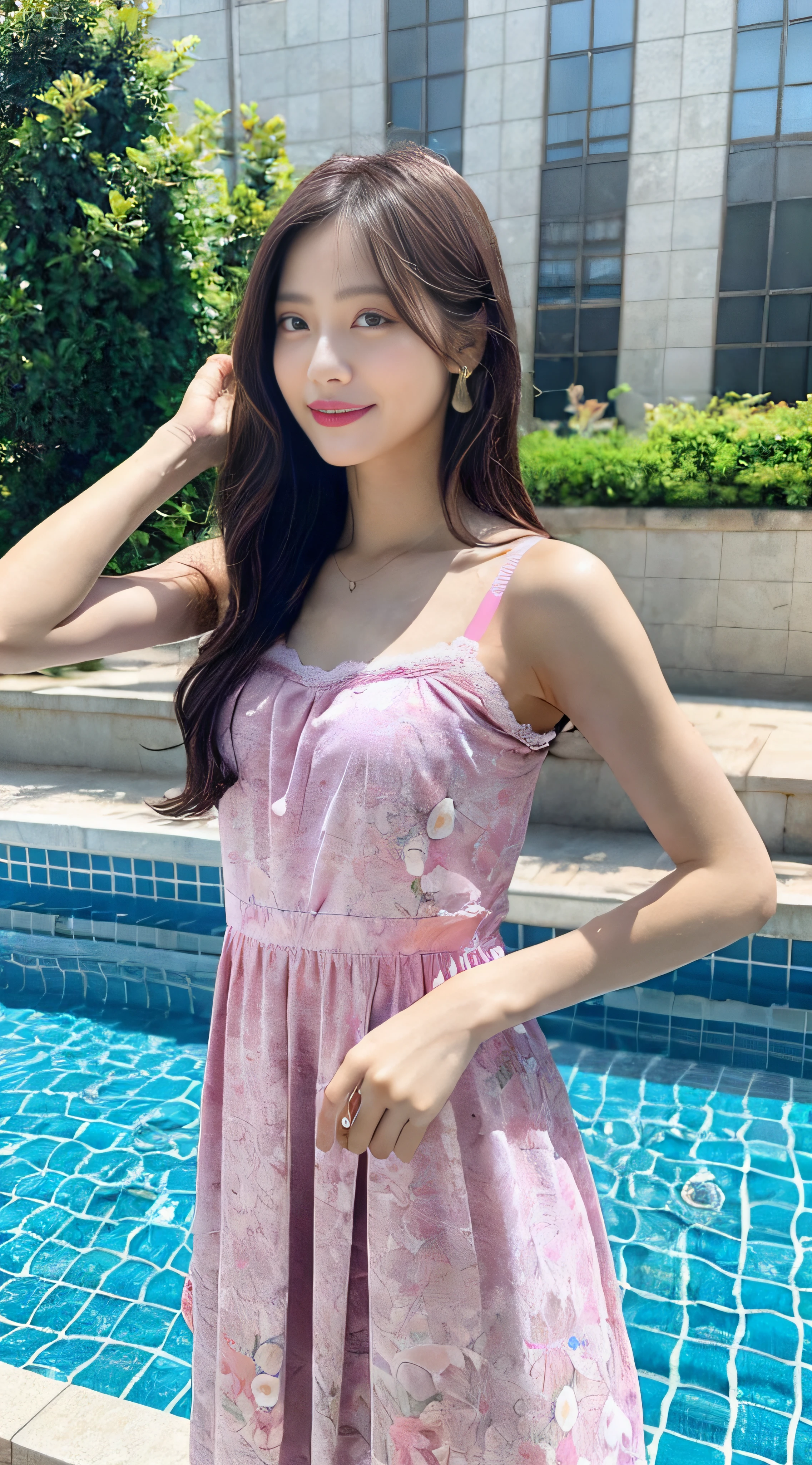 (8K、Raw photography、top-quality、​masterpiece:1.2)、32K、ultra res、fully body photo、(Composition from the knee up:2.0)、medium distance shot、body facing forward:2.0、Full body portrait、rialistic photo、((Pink floral camisole long dress with bra:1.6))、(realisitic、Photorealsitic:1.37)、超A high resolution、depth of fields、Soft lighting、Caustics、Canon EOS、​masterpiece、ultra-detailliert、pylons、(8K、Raw photography、top-quality、​masterpiece:1.2)、32K、ultra res、rialistic photo、(realisitic、Photorealsitic:1.37)、超A high resolution、depth of fields、Caustics、Canon EOS、​masterpiece、ultra-detailliert、fully body photo、1girl in、独奏、in poolside、Slender Abs、flat breast、small tits、Bust 70 cm、Hip 82 cm、Slender body、big breasts thin waist、The crotch is clear、tiny chest、small  hip、Model grade ratio、Vibrant poses、Super cute full body photo、1girl in、Long hair swaying in the wind:1.4、is standing、in poolside、Slender Abs、Waist 52 cm、flat breast、small tits、Bust 70 cm、Hip 82 cm、Slender body、big breasts thin waist、tiny chest、small  hip、Model grade ratio、Vibrant poses、Super Cute