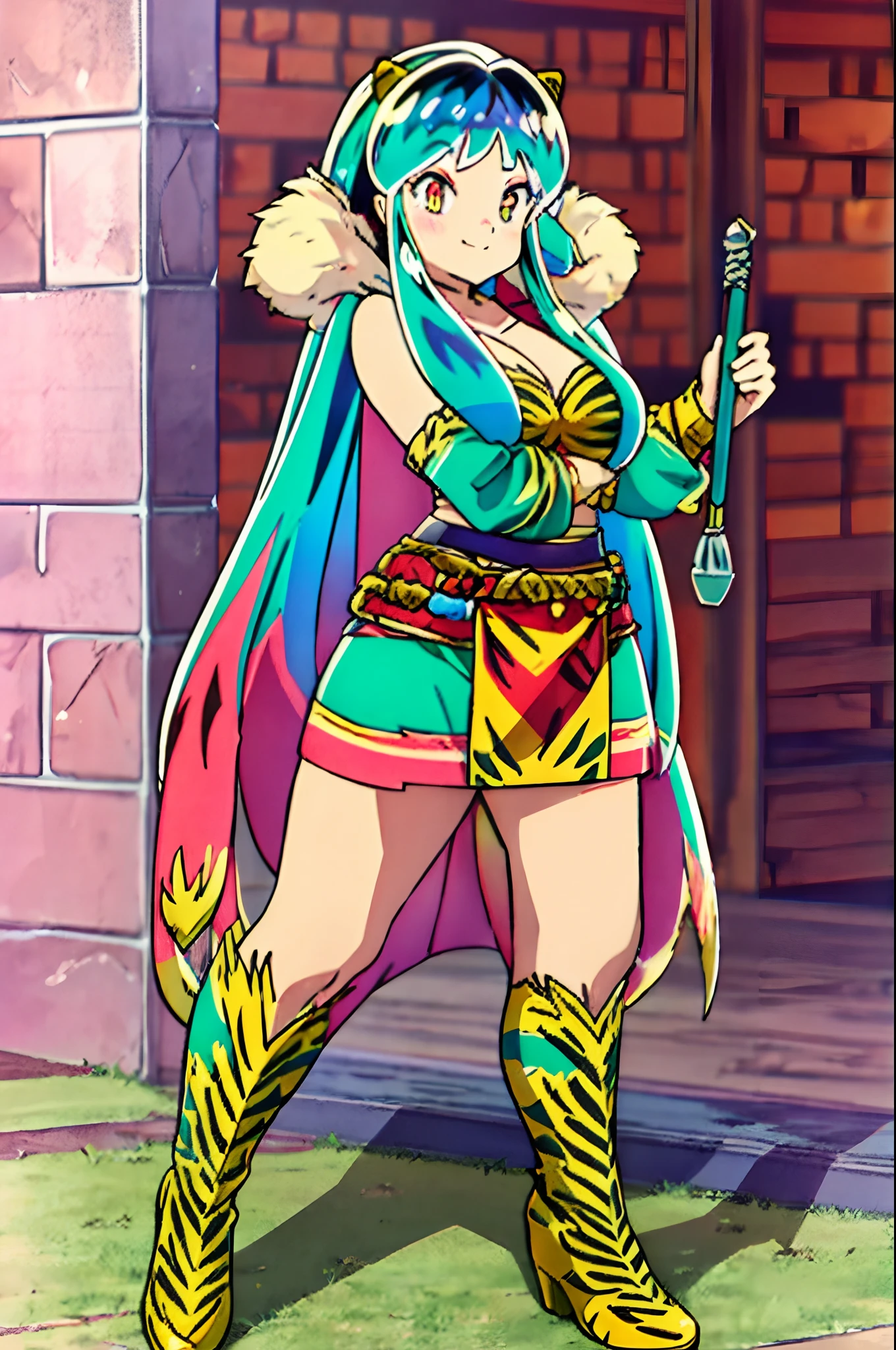 lum, 1girl, tribal clothing, fur clothing,hammer holding,barbarian, smile, blush, full body ,standing
