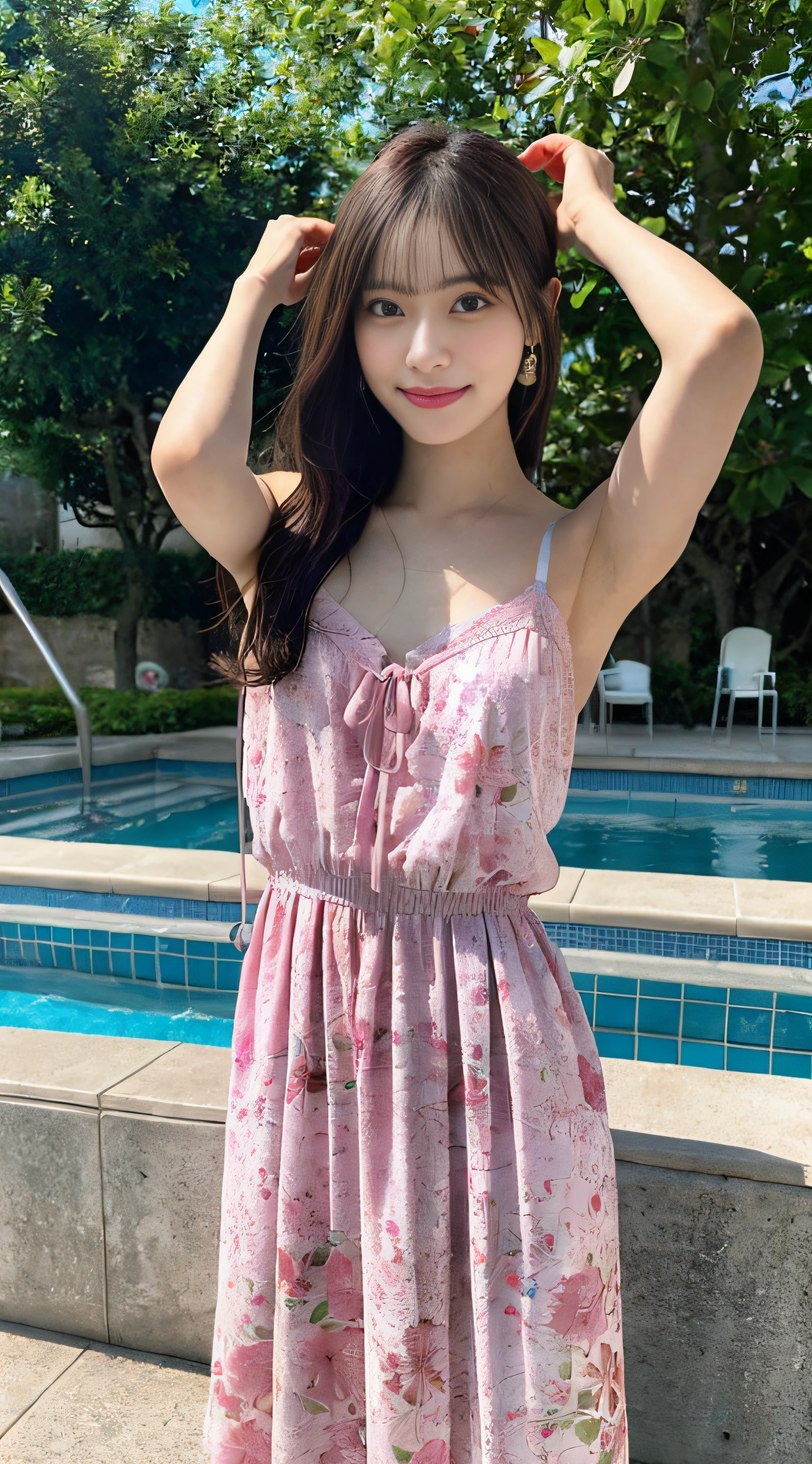 (8K、Raw photography、top-quality、masterpiece:1.2)、32K、ultra res、fully body photo、(Composition from the knee up:2.0)、medium distance shot、body facing forward:2.0、Full body portrait、rialistic photo、((Pink floral camisole long dress with bra:1.6))、(realisitic、Photorealsitic:1.37)、超A high resolution、depth of fields、Soft lighting、Caustics、Canon EOS、masterpiece、ultra-detailliert、pylons、(8K、Raw photography、top-quality、masterpiece:1.2)、32K、ultra res、rialistic photo、(realisitic、Photorealsitic:1.37)、超A high resolution、depth of fields、Caustics、Canon EOS、masterpiece、ultra-detailliert、fully body photo、1girl in、独奏、in poolside、Slender Abs、flat breast、small tits、Bust 70 cm、Hip 82 cm、Slender body、big breasts thin waist、The crotch is clear、tiny chest、small hip、Model grade ratio、Vibrant poses、Super cute full body photo、1girl in、、is standing、in poolside、Slender Abs、Waist 52 cm、flat breast、small tits、Bust 70 cm、Hip 82 cm、Slender body、big breasts thin waist、tiny chest、small hip、Model grade ratio、Vibrant poses、Super Cute
