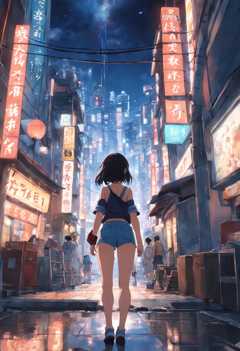 SLG Game Building、Japan city、"(Masterpiece), Incredibly detailed, illusory engine, short shorts, focus in ass, short top, 4K, Realistic of a lonely girl exploring a bustling cityscape."