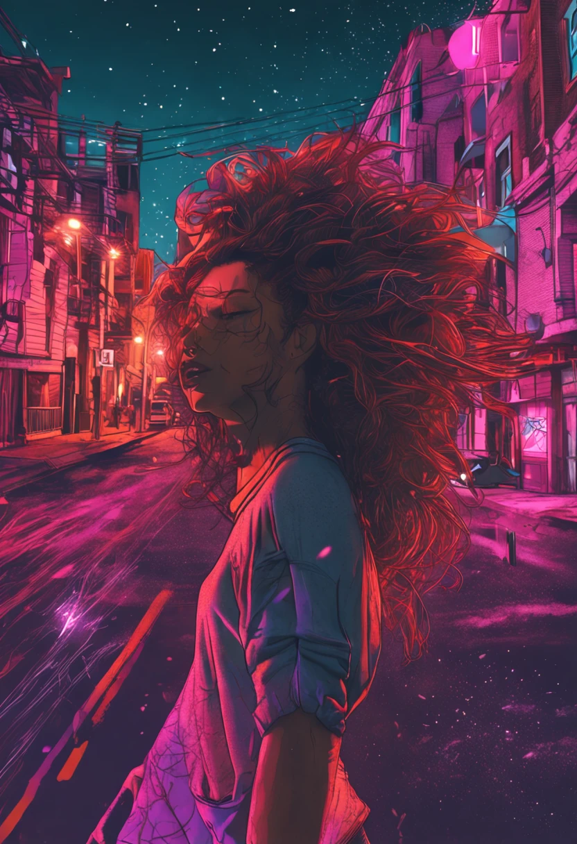 "Calidad de imagen: 8k (Escala de mejor calidad: 1.2), Artistic style: realista, Factor fotorrealista: 1.37, claridad: ultra-high def, Asunto:1chica volando sobre un impresionante paisaje urbano ,sudadera con capucha,brown hair, neon color shooting stars, Pelo muy largo, fuera del hombro, adorno de pelo de plumas, neon colors, destellos, Impresionante cielo nocturno, age girl (16 yotable features: sonrisa agradable, boca cerrada, Detalles exquisitos, Nariz encantadora, compositing: cuerpo completo, damp hair, contexto: En medio del colosal Dalsefo, Huge highly detailed angel wings, Korean idol aspect