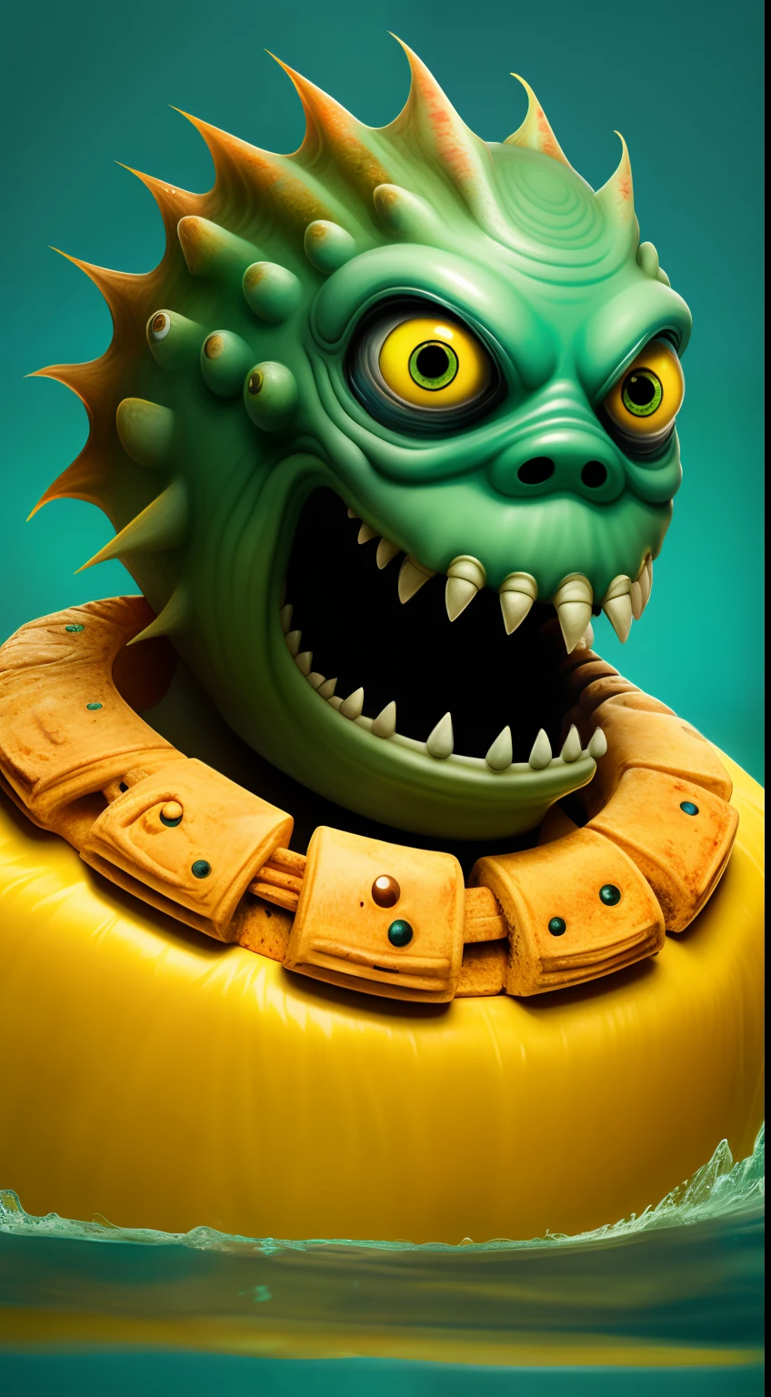 A fantz monster design，Fish-headed human face，Smooth fish tail，Full of monster collars，Half lying in a bathtub filled with yellow-black water