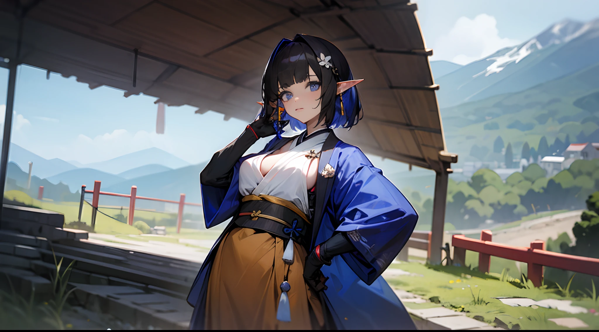 Eunectes, tits, Against the background of the mountain, Japanese outfit,