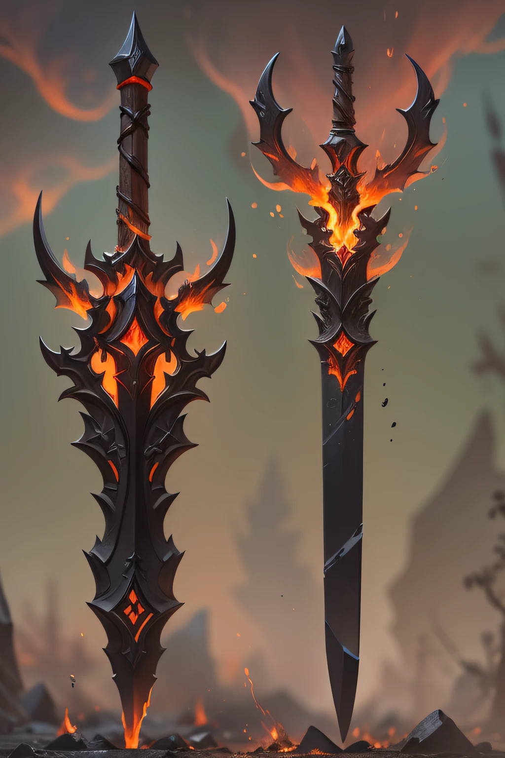 Blazing mythic sword pulled from infernal depths, molten lava dripping on obsidian blade, demonic runes Items and gear listed on the side
