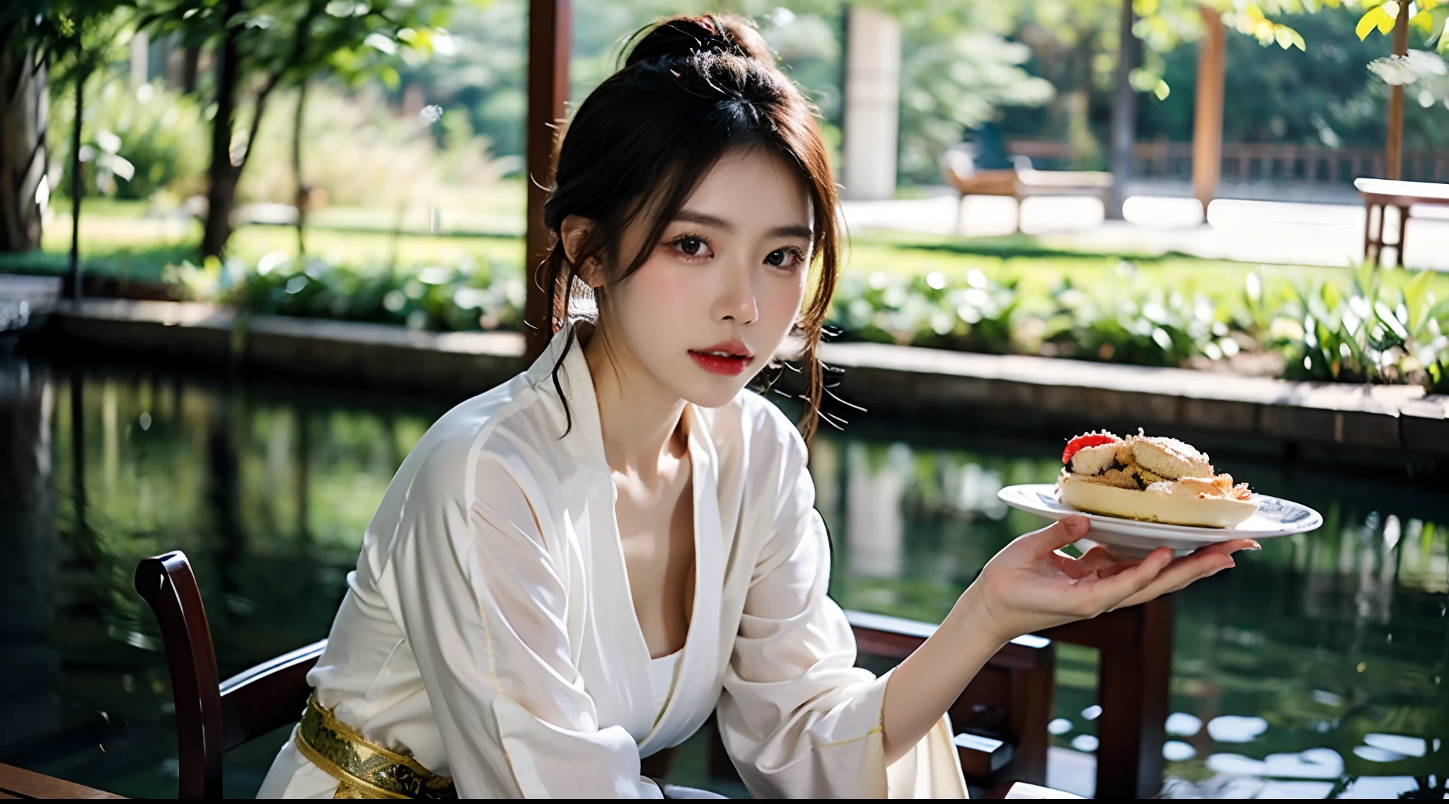 (A half body,Close-up,closeup cleavage:1.2),Arakfi Asian woman sitting in chair,Wearing a green and gold dress, (outside,hot onsen,florals,grassy,nevando) , A girl in Hanfu, Hanfu, Cheongsam, with acient chinese clothes, Traditional beauty, Traditional Chinese clothing, Wearing ancient Chinese clothes, Chinese style, Chinese dress, Chinese costume, Chinese traditional, Chinese girl, wearing ornate silk clothes,Redlip,(solo person)