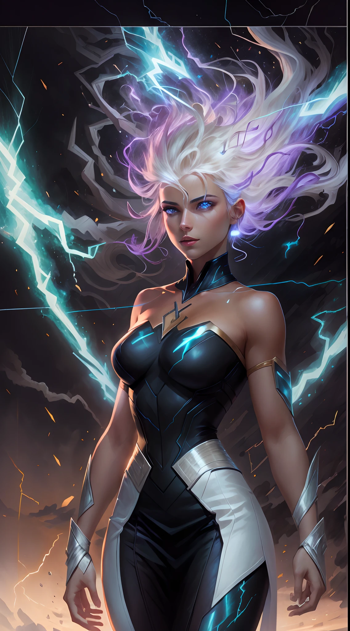 1Beautifulwoman，white skinned， X-Men Storm, lightning in hand, a skirt,glowing light eyes，Light in Eyes